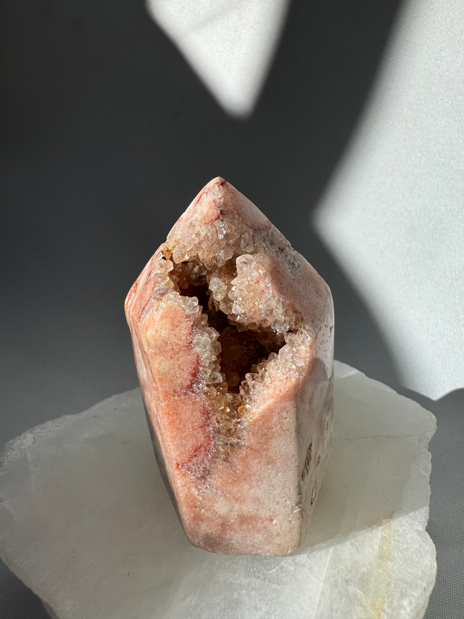 Pink Amethyst Crystal Tower with sparkling druse cavity, showcasing iridescent pink hues. Ideal for collectors of bespoke crystals and rare minerals.