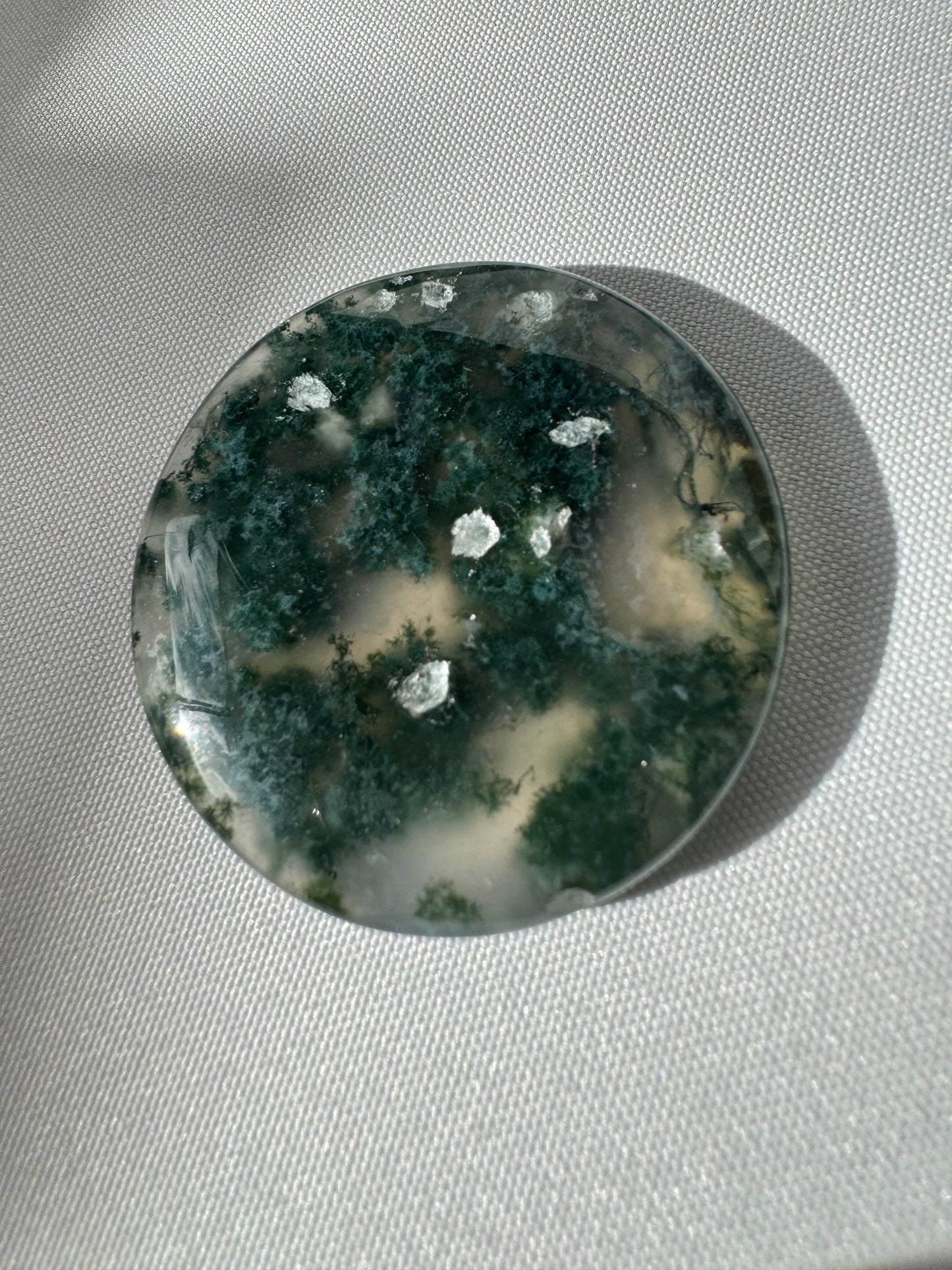 Unique Moss Agate Crystal Coin | Bespoke Crystals with cloudy inclusions and forest-like patterns, ideal for rock and fossil collectors.