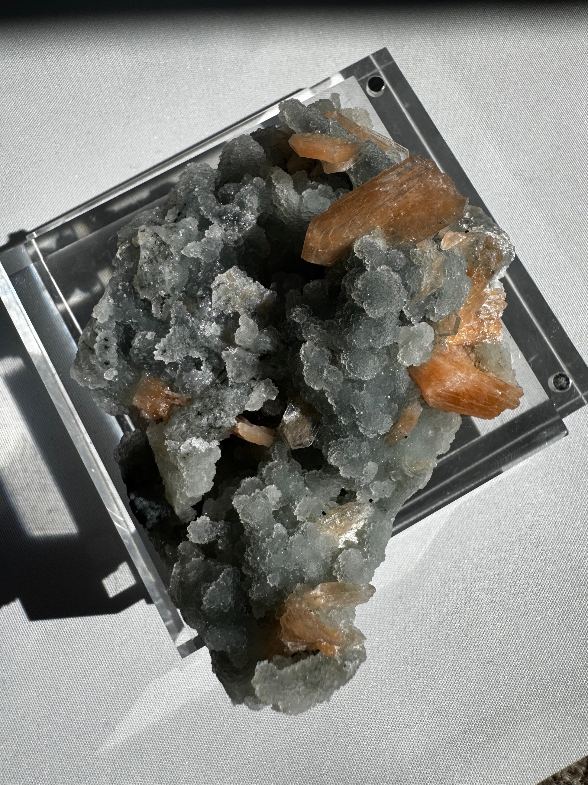 Top view of Chalcedony with Orange Stilbite Crystal #5 showing clustered orange Stilbite formations on a textured Chalcedony base, ideal for collectors.