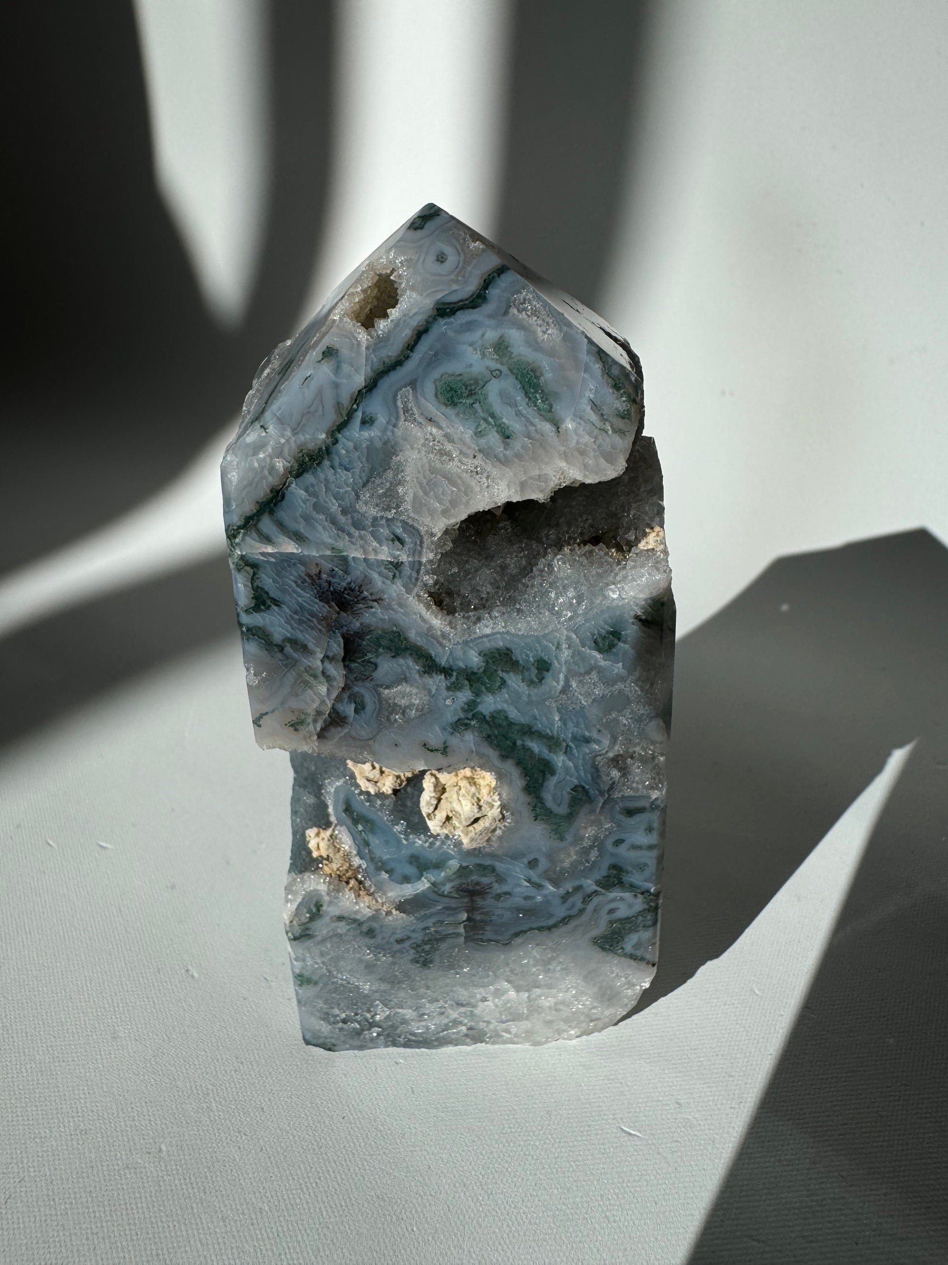 Back view of Moss Agate Crystal Druze Tower #1 showcasing intricate green veining and druzy inclusions, perfect for rock and fossil enthusiasts.