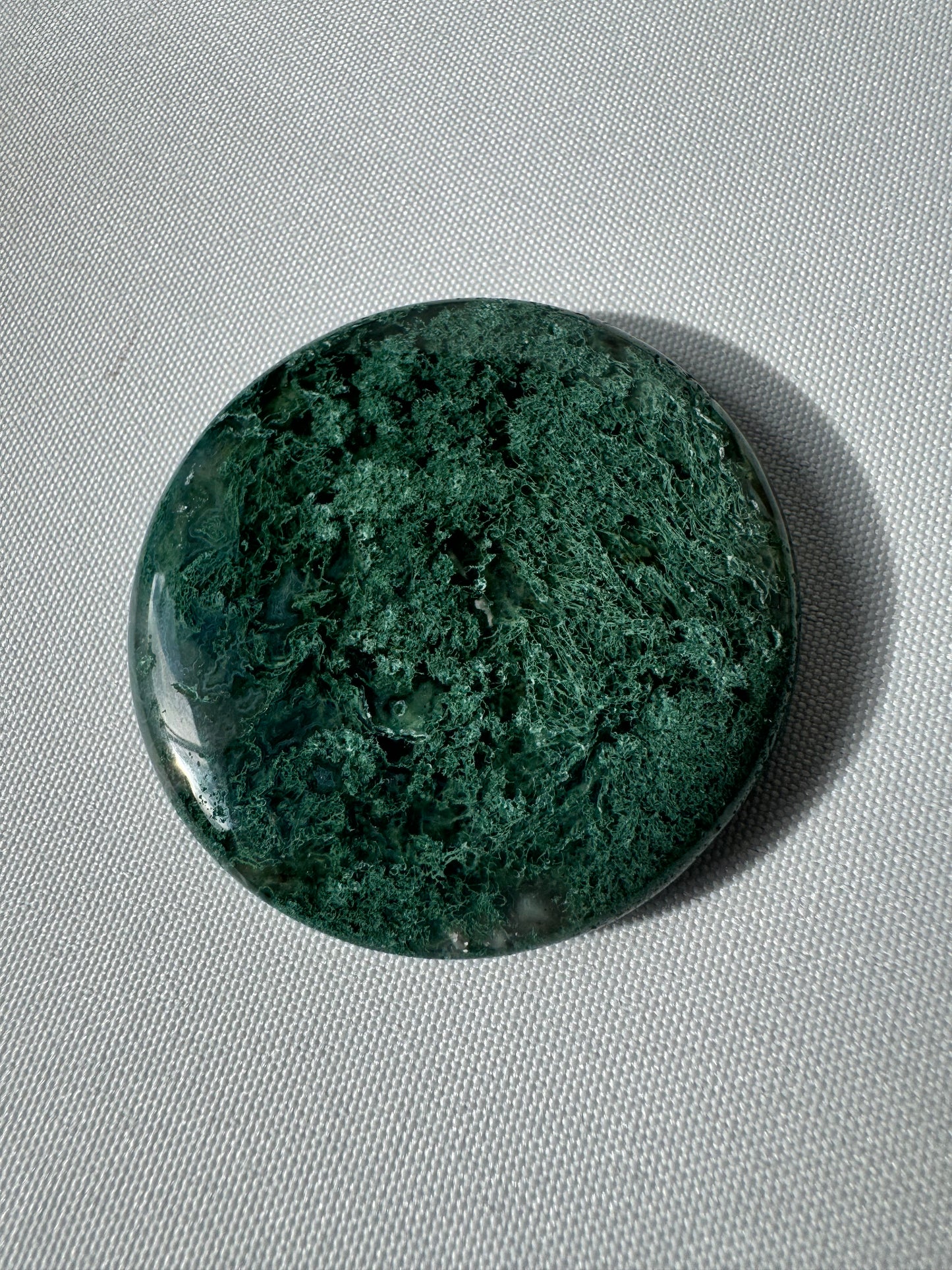 Polished Moss Agate Crystal Coin | Bespoke Crystals with dense green texture, perfect for pocket storage or gemstone displays.