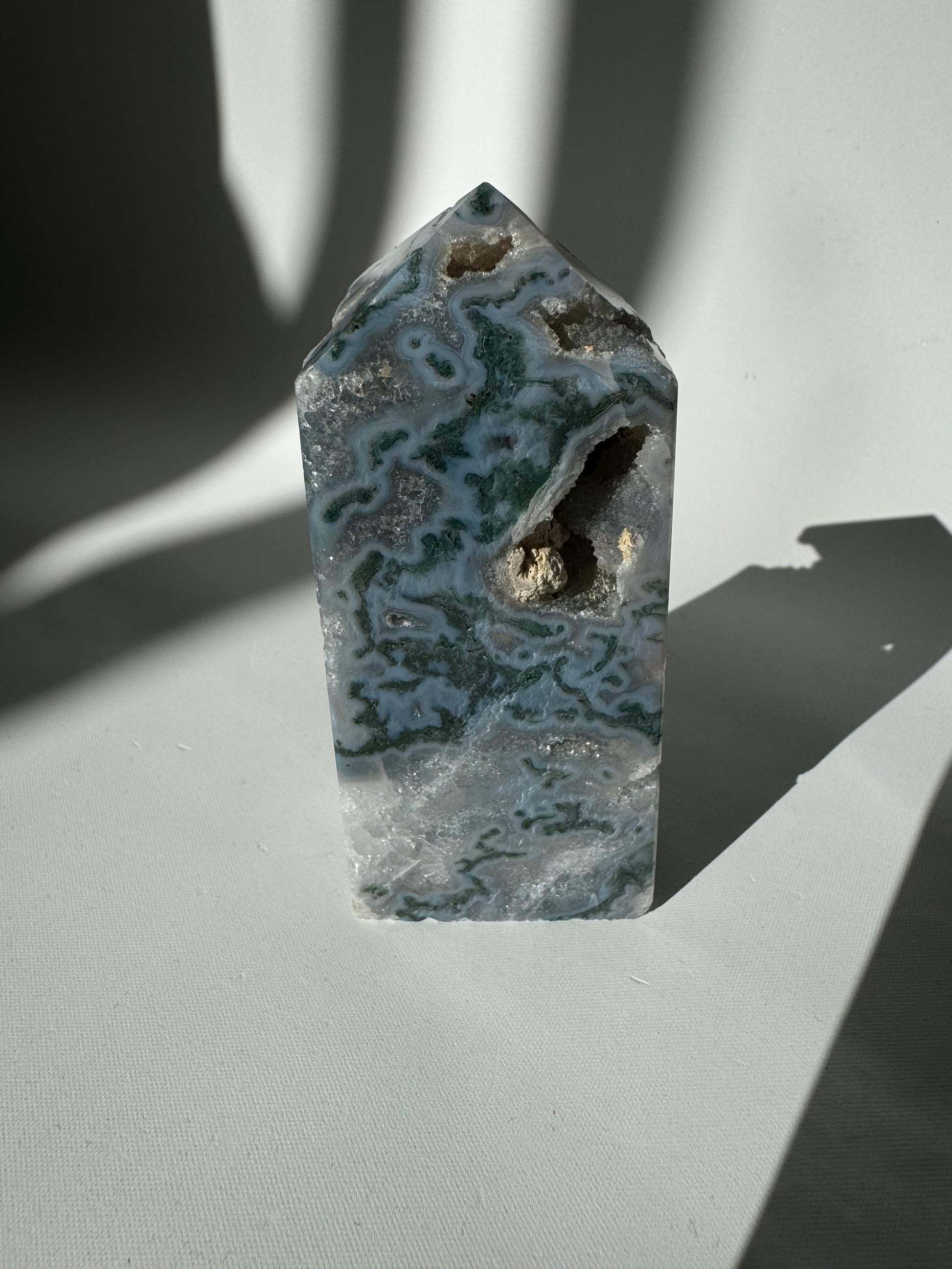 Moss Agate Crystal Druze Tower #1 with green mineral patterns and natural druzy cavity, ideal for crystal collectors and home decor.