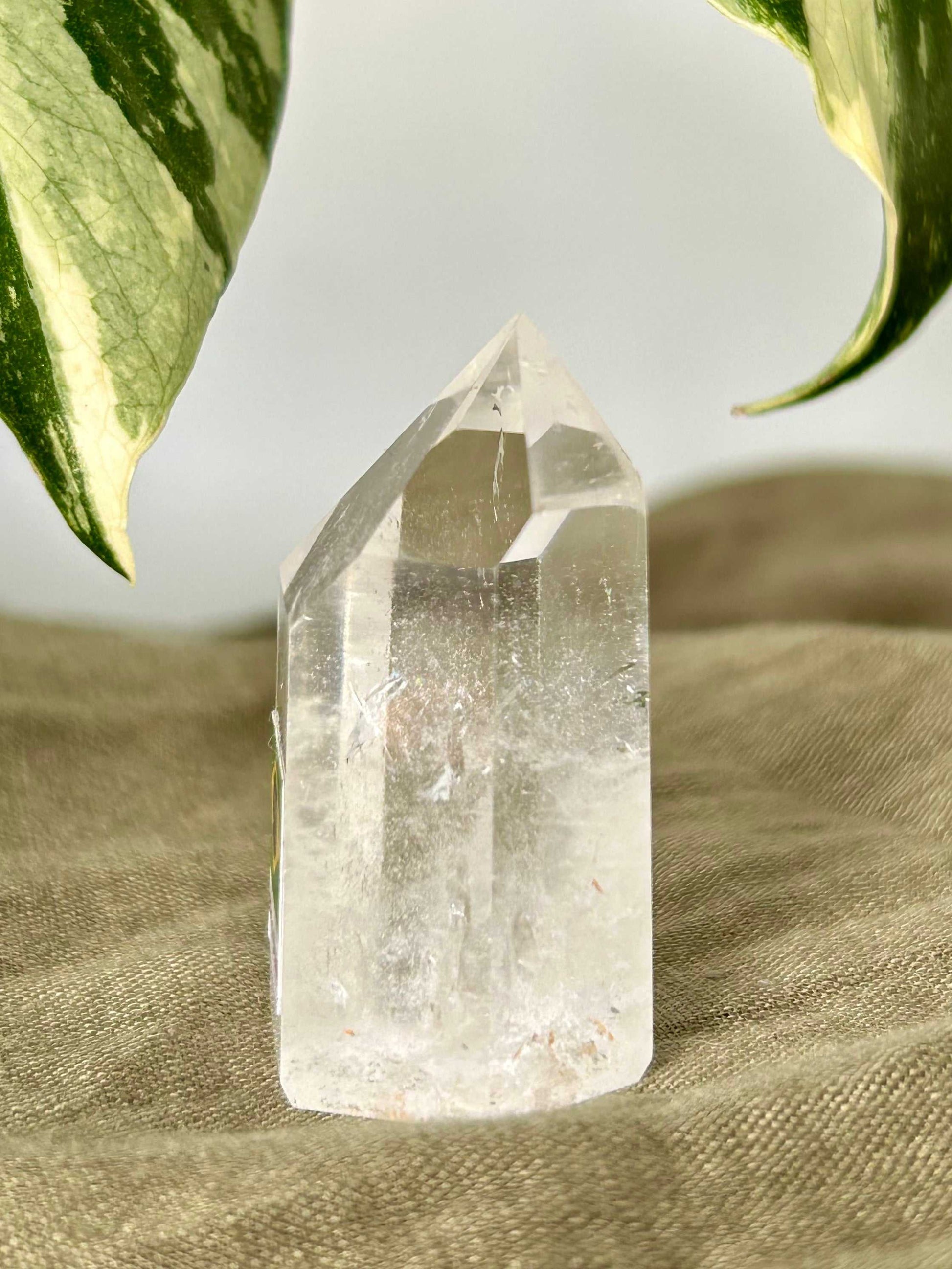 Clear Mini Quartz Crystal Tower from Brazil, perfect for collectors and energy practitioners seeking clarity and intention amplification in crystal decor.