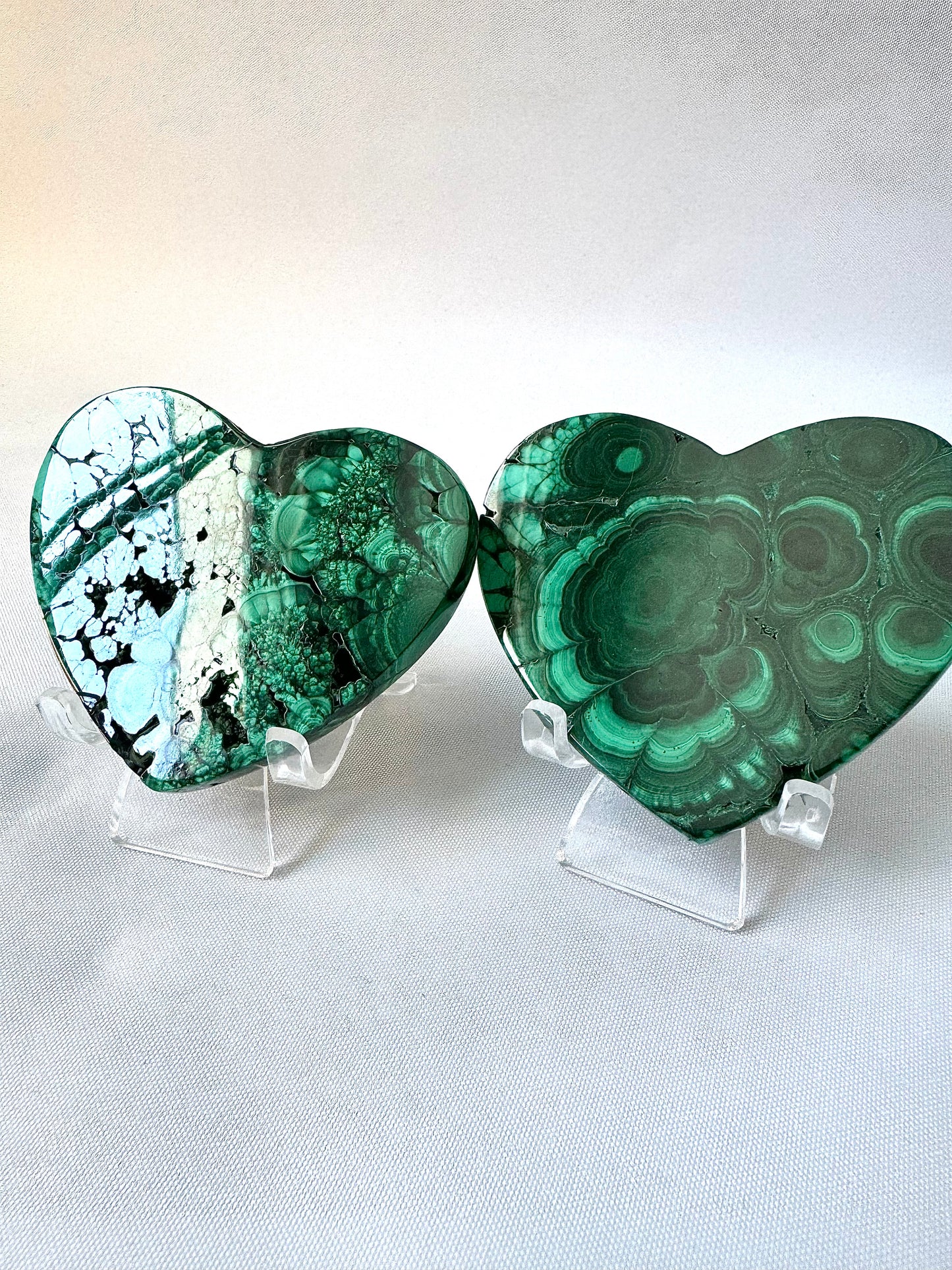 Malachite Crystal Hearts with unique green banding and natural patterns | Bespoke Crystals