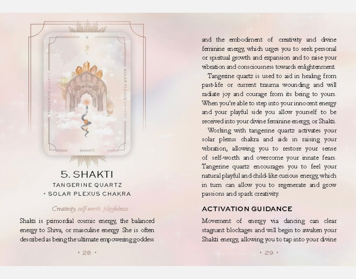 Shakti card page from Astral Realms Crystal Oracle guidebook, explaining Tangerine Quartz, Solar Plexus Chakra, and divine feminine energy activation.