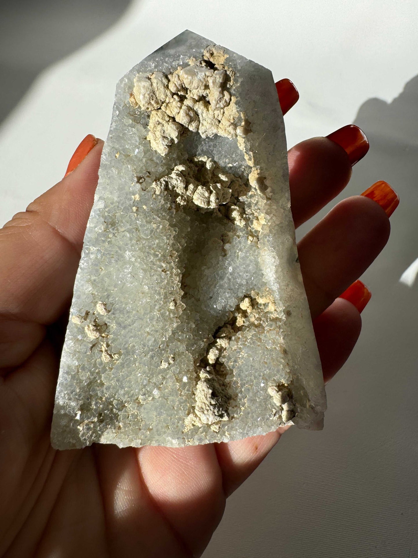 Back view of Moss Agate Druze Tower #5 showing natural druzy texture and earthy mineral formations, perfect for bespoke crystal collections.