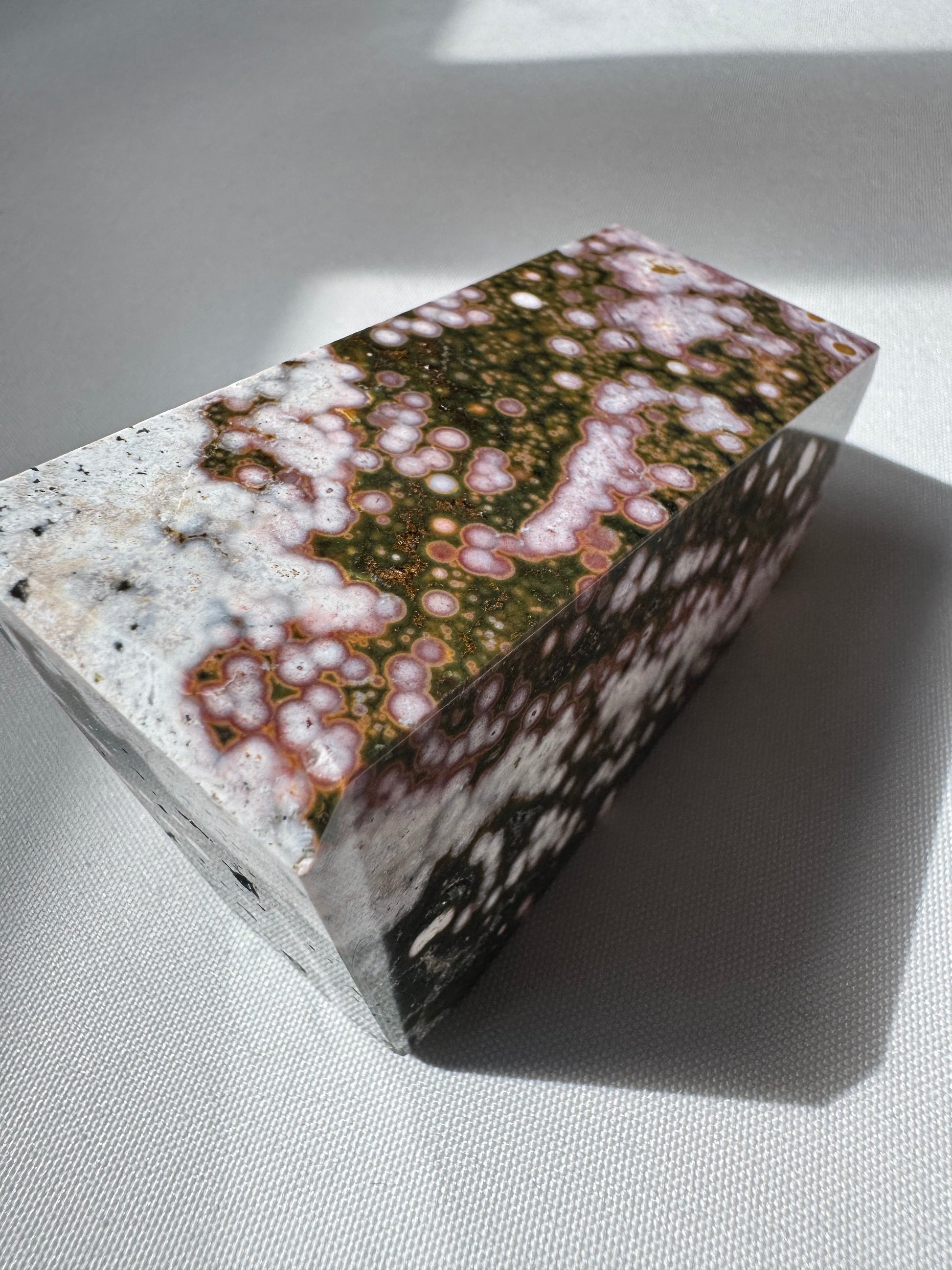 Ocean Jasper Freeform #A5 featuring vibrant pink and olive green orbicular patterns | Bespoke Crystals