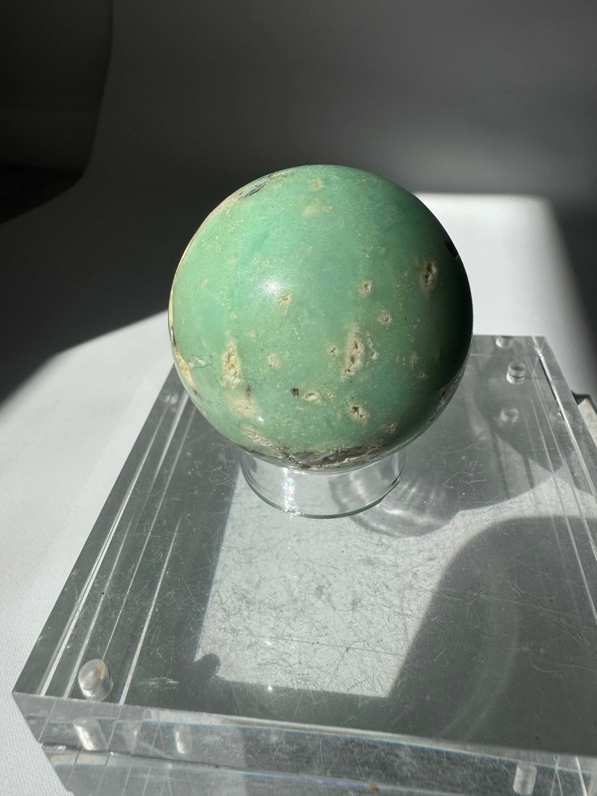 Chrysoprase Crystal Sphere | Bespoke Crystals with raw mineral inclusions and smooth polish, ideal for crystal collectors and decor lovers.
