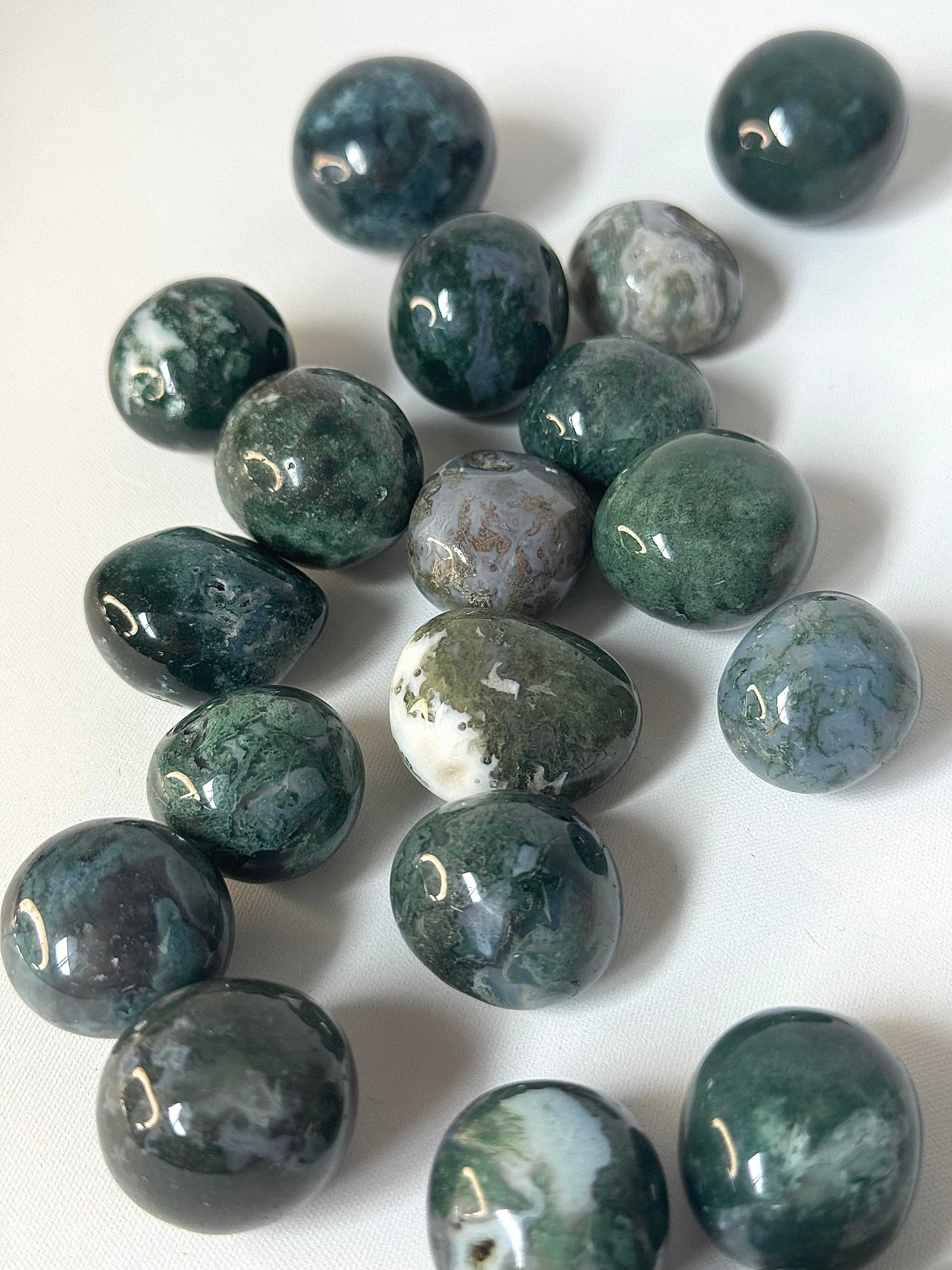Glossy Moss Agate Crystal Tumble Stones | Bespoke Crystals | used for abundance, grounding, and heart chakra alignment.