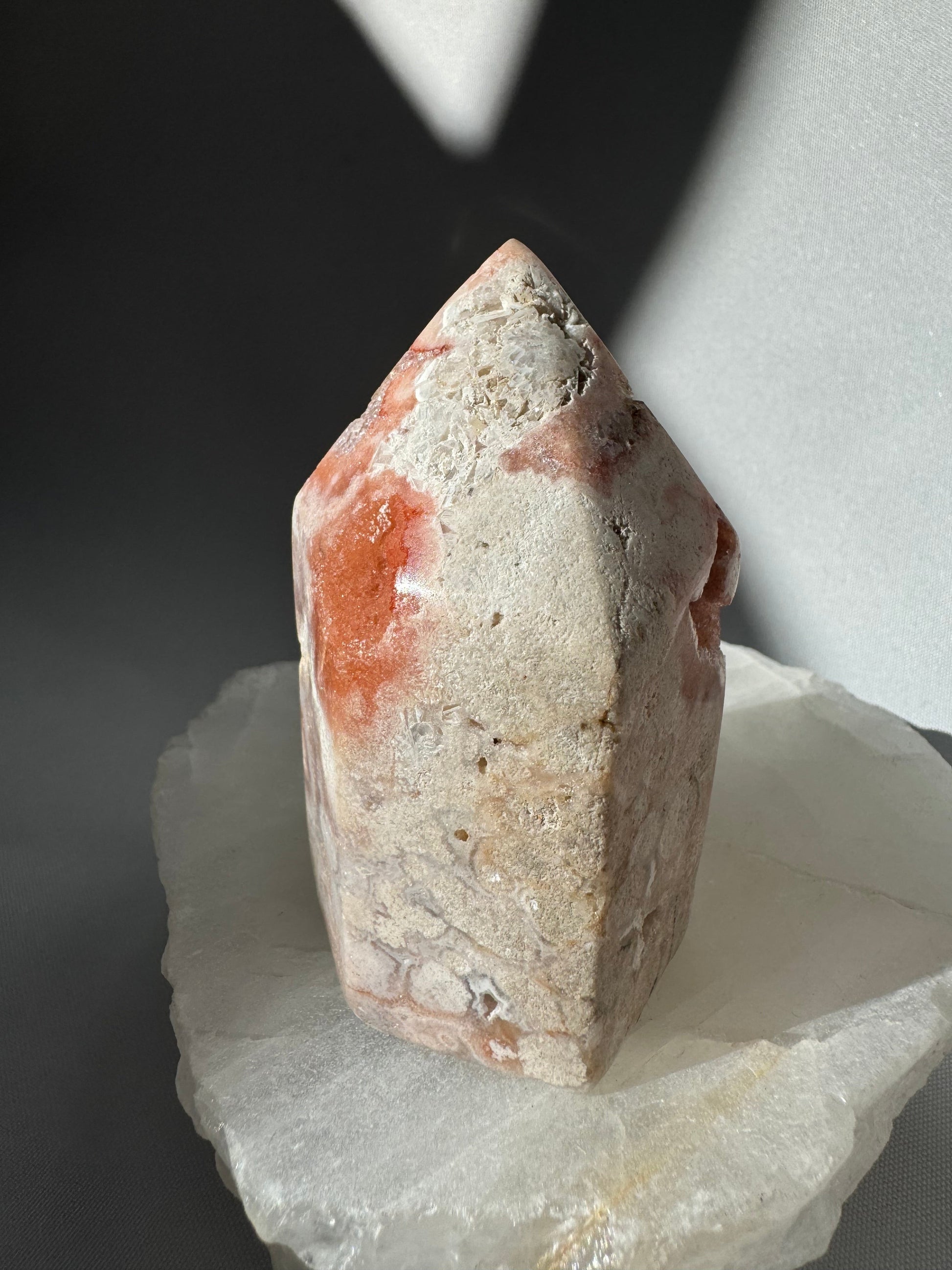 Back view of Pink Amethyst Crystal Tower with soft marbled textures and subtle pink tones. A rare addition to any rocks and fossils collection.