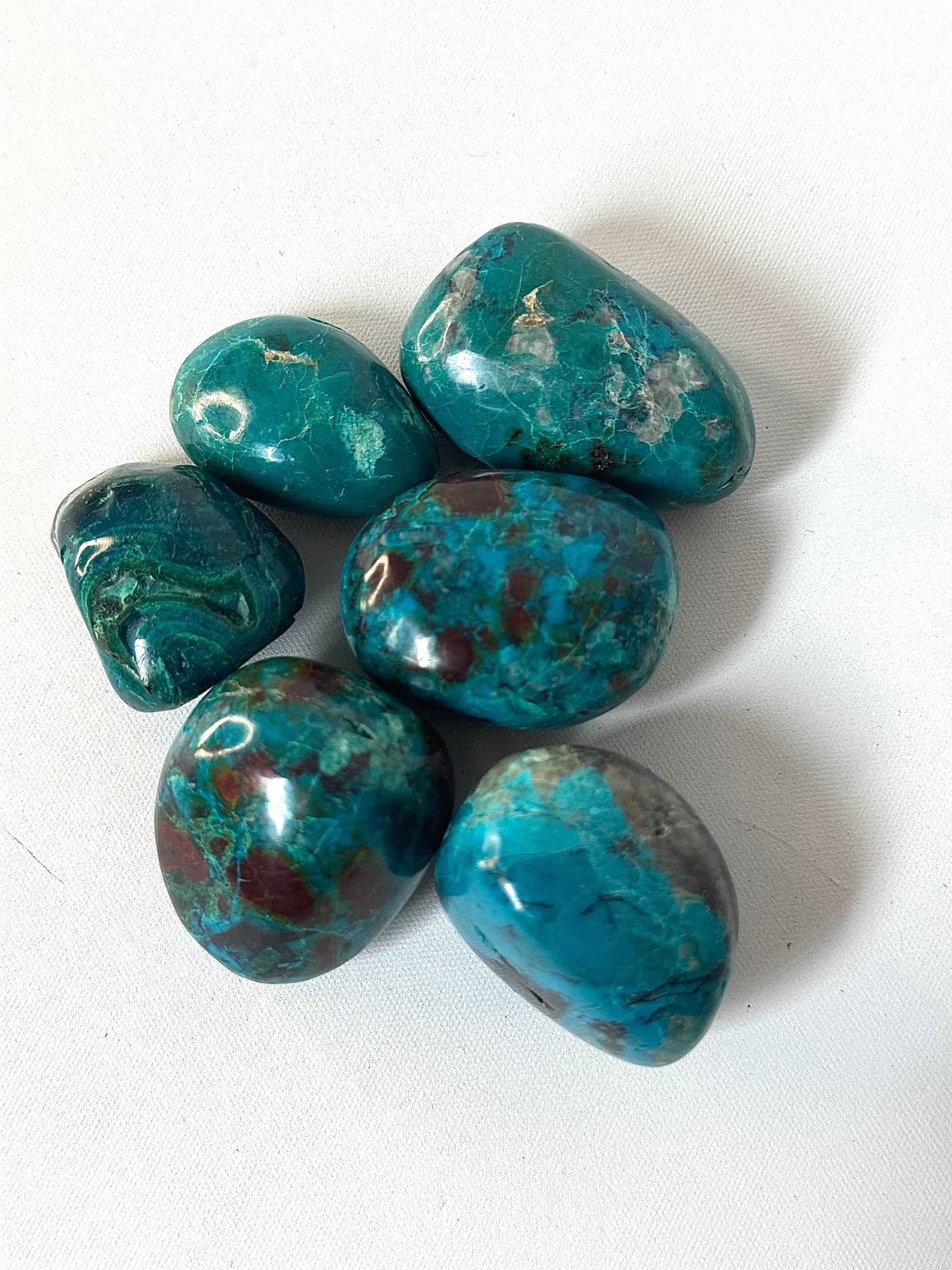 Chrysocolla Crystal Tumble Stone | Bespoke Crystals| six vibrant stones, perfect for Throat Chakra healing and spiritual collections.