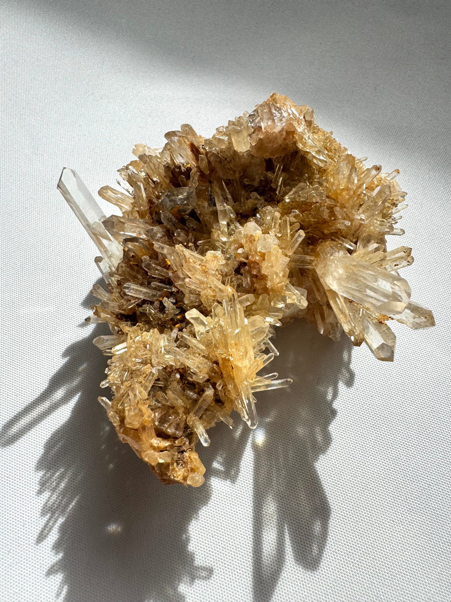 Rare Blue Smoke Halloysite-Included Lemurian Quartz Cluster featuring intricate golden crystal formations, perfect for rock and crystal enthusiasts.