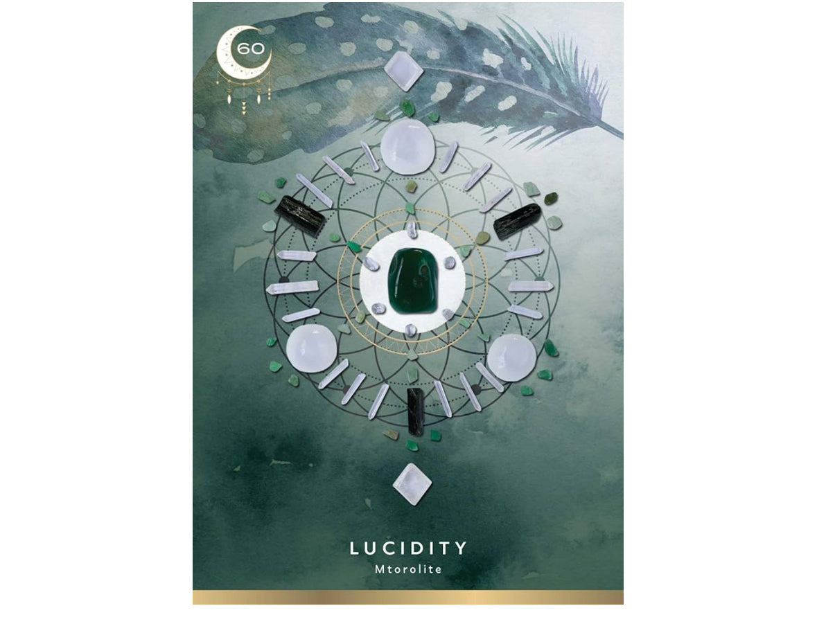 Crystal GRID Oracle Deluxe Edition card titled 'Lucidity' featuring Mtrolite crystal in a dark green and black feather-themed grid design.