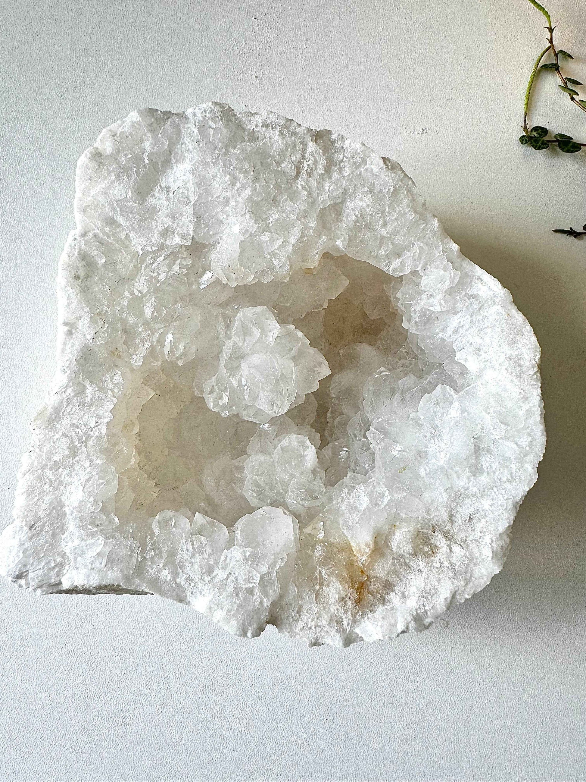 Single half of Clear Quartz Crystal Geode | Bespoke Crystals showing translucent crystal formations, perfect for decorative or metaphysical use.