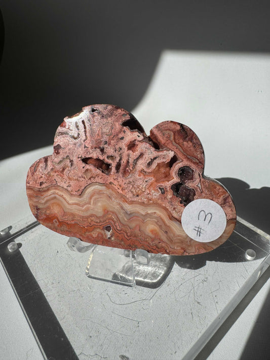 Pink Lace Agate Crystal Cloud #3 (Imperfect) with intricate banding and natural druzy inclusions, displayed on a clear acrylic stand.