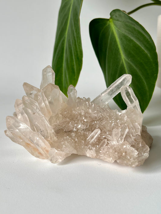 Himalayan Samadhi Quartz Crystal Cluster from Bespoke Crystals NZ, featuring pink translucent points