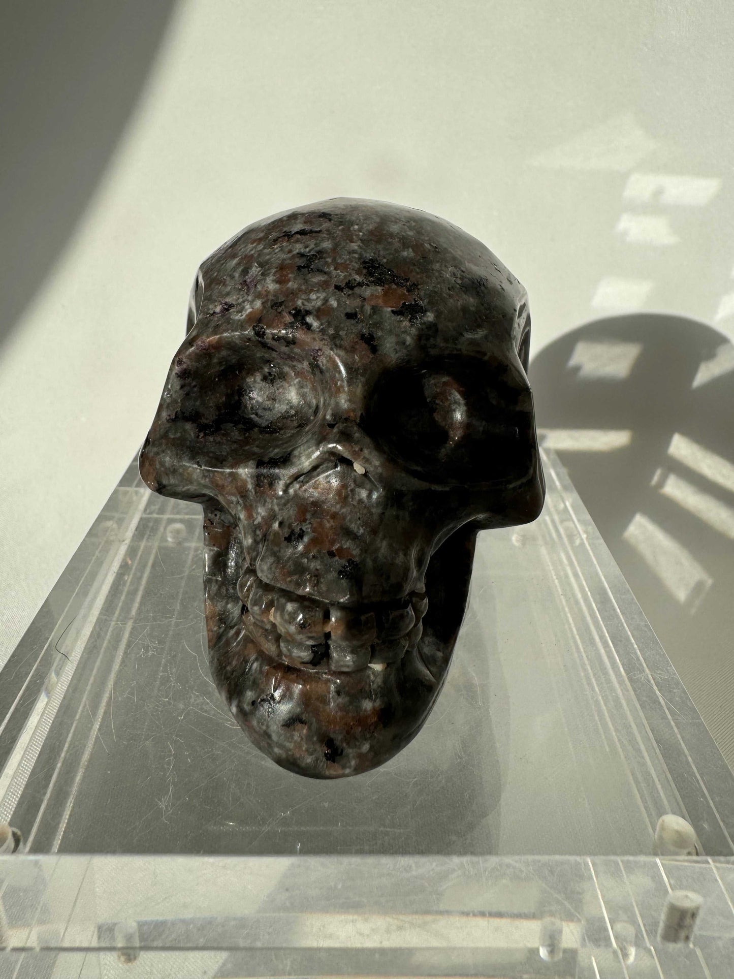 Front view of Yooperlite Crystal Skull from Bespoke Crystals, showcasing dark speckled texture ideal for Halloween collectibles and mystical décor.