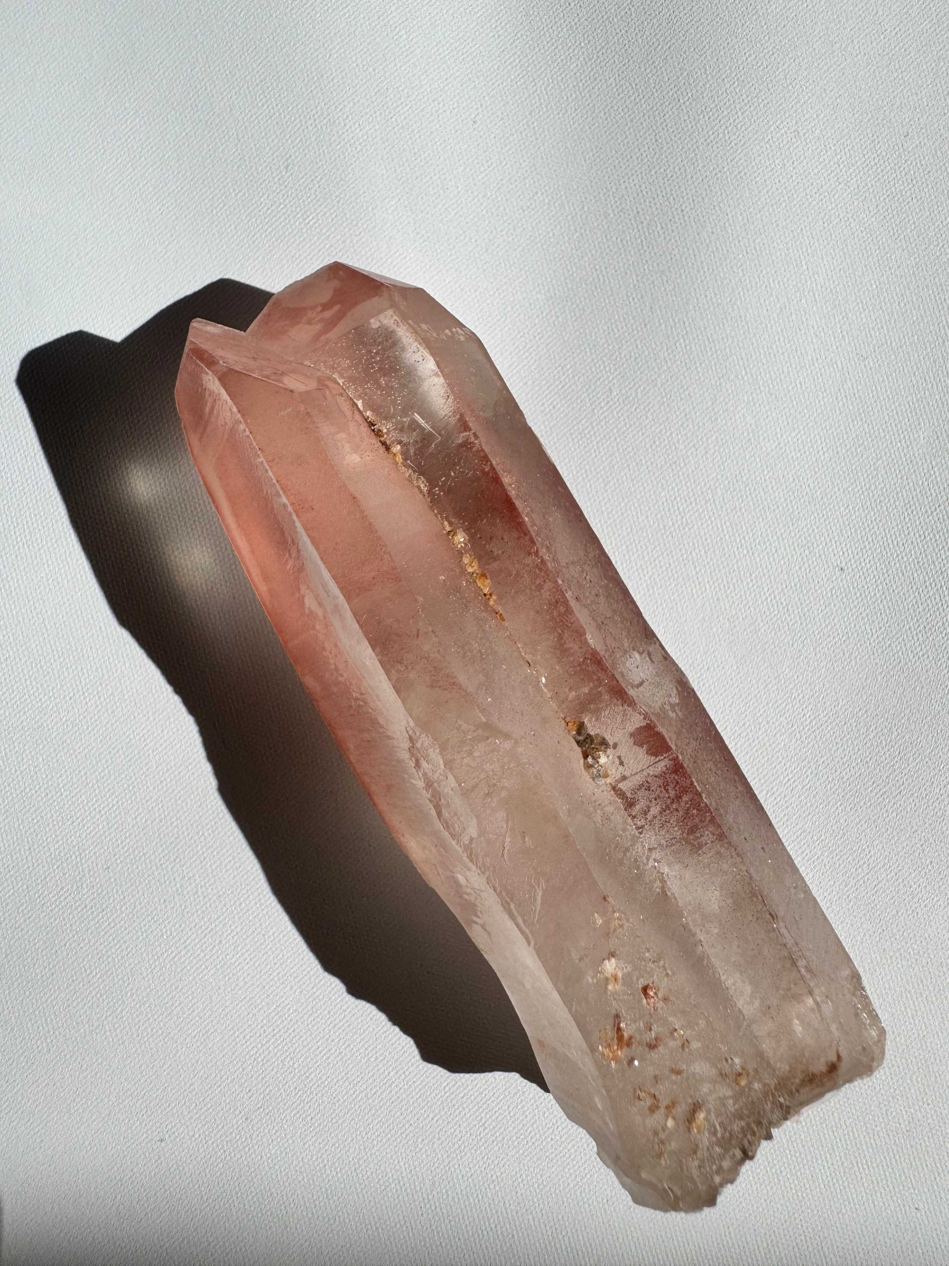 Bespoke Scarlet Temple Pink Lemurian Crystal Tantric Twin #B1 featuring twin terminations and unique mineral inclusions, collectible healing crystal.