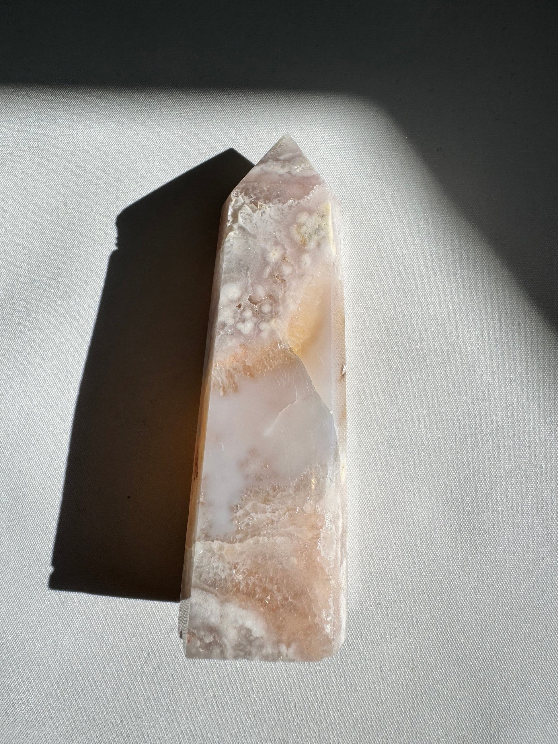 Elegant Flower Agate Crystal Tower | Bespoke Crystals showcasing ethereal textures and calming tones, a unique piece for rock collectors and healers.