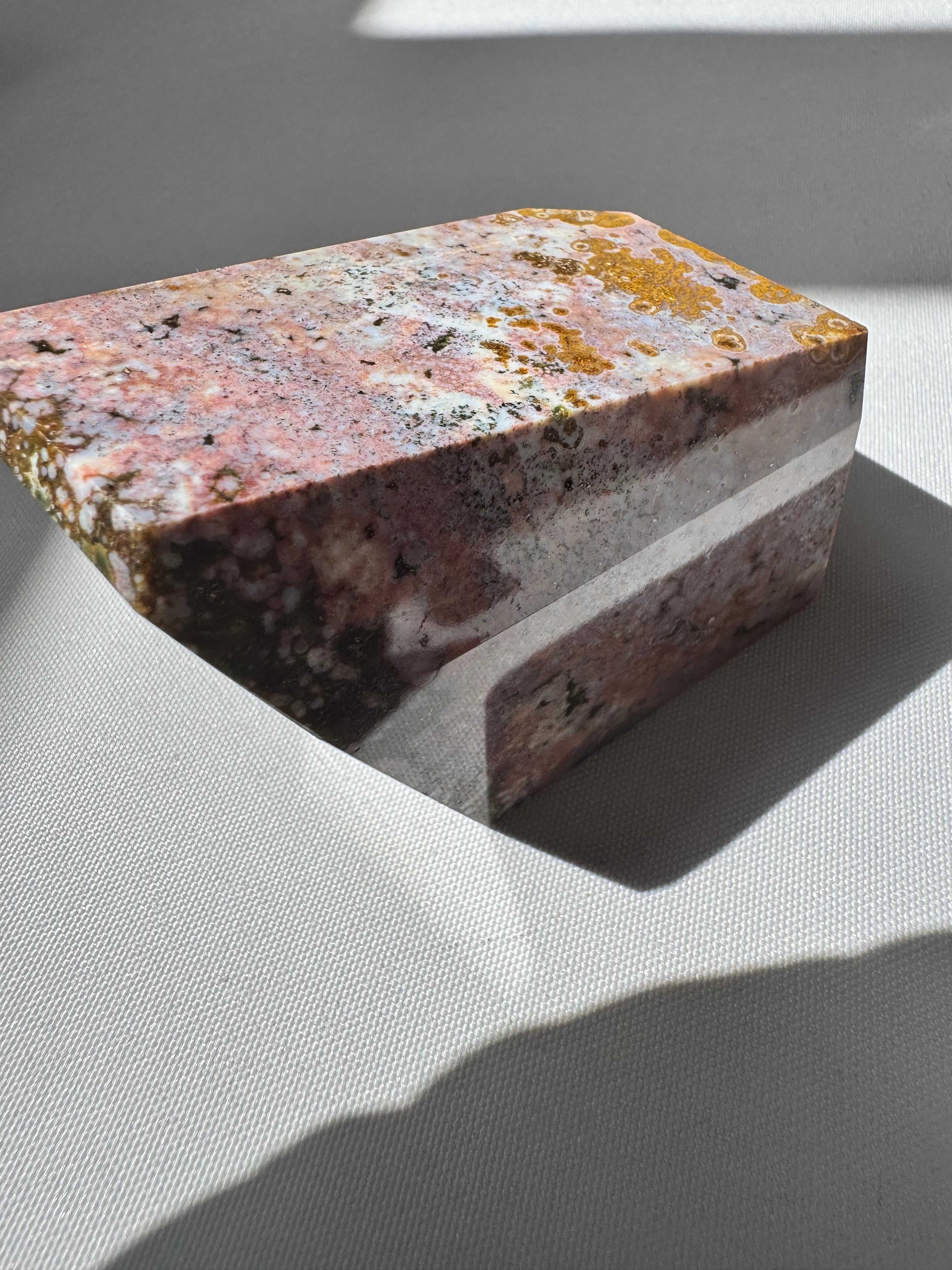 Side view of Orbicular Ocean Jasper Freeform #A8 | Bespoke Crystals