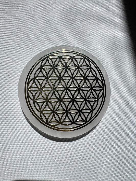Selenite Gold Flower of Life Crystal Charging Plate