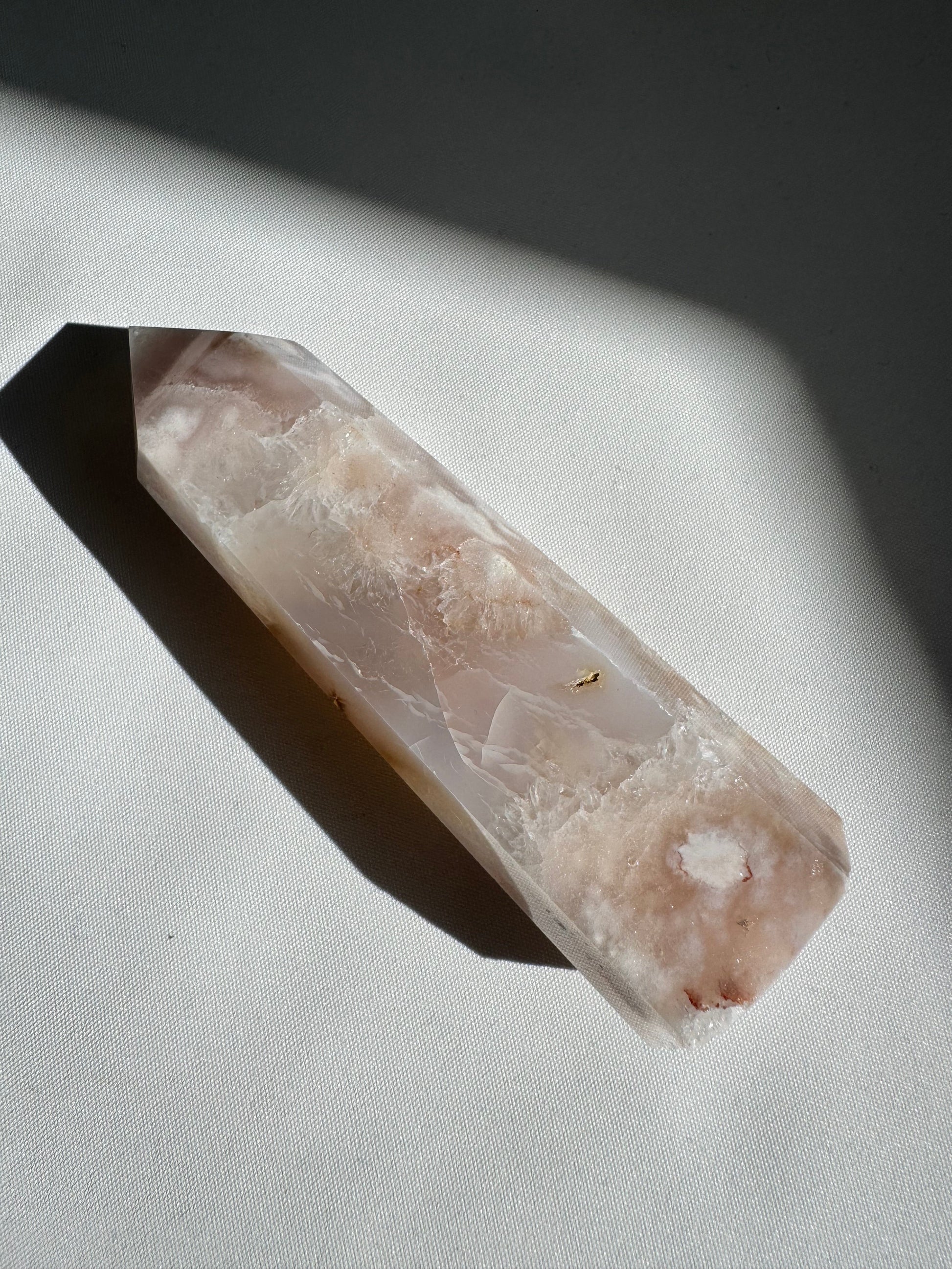 Flower Agate Crystal Tower | Bespoke Crystals featuring soft pink and white floral patterns, ideal for collectors and crystal healing enthusiasts.