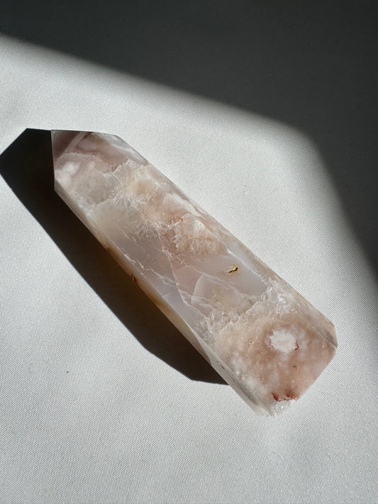 Flower Agate Crystal Tower | Bespoke Crystals featuring soft pink and white floral patterns, ideal for collectors and crystal healing enthusiasts.