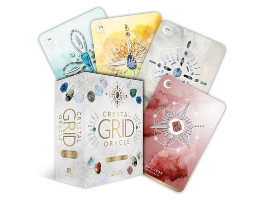 Crystal GRID Oracle Deluxe Edition box with illustrated oracle cards featuring crystal grids and spiritual themes like success and clarity.