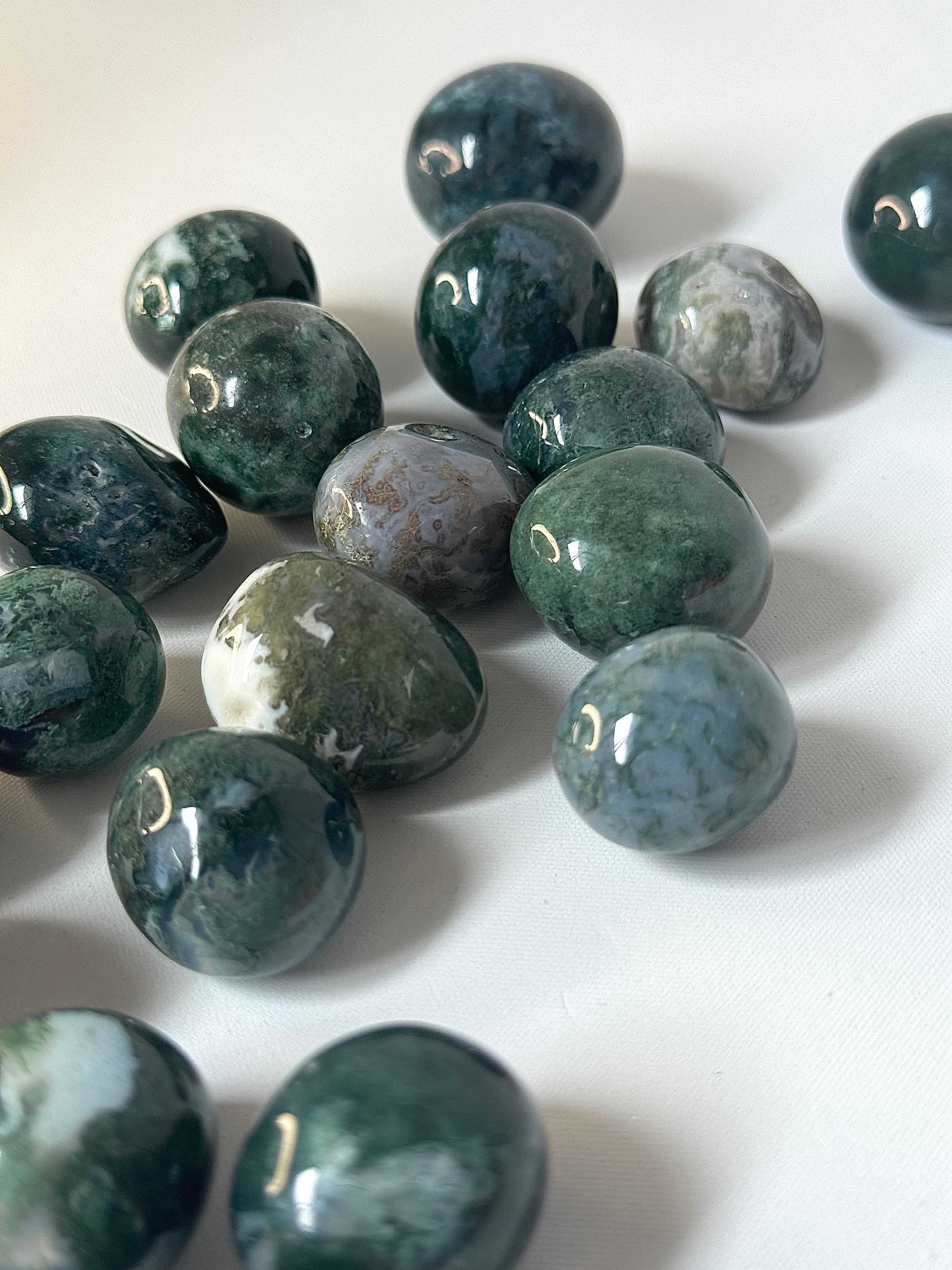 Polished Moss Agate Crystal Tumble Stones | featuring earthy tones and glossy finish, perfect for emotional balance and growth rituals.