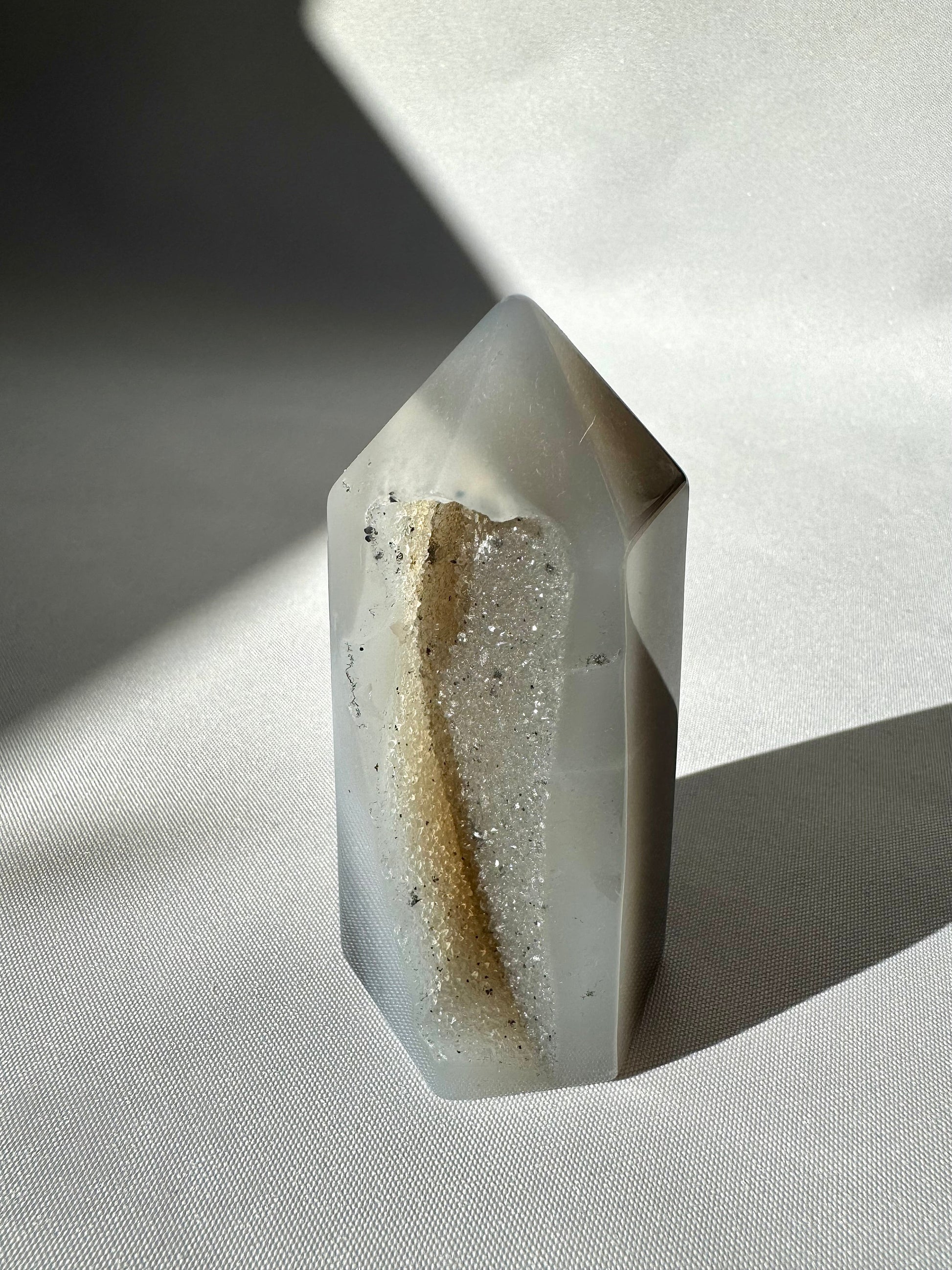 Agate Crystal Druze Point #1 with shimmering druzy cavity and natural grey banding, ideal for collectors and crystal decor enthusiasts.