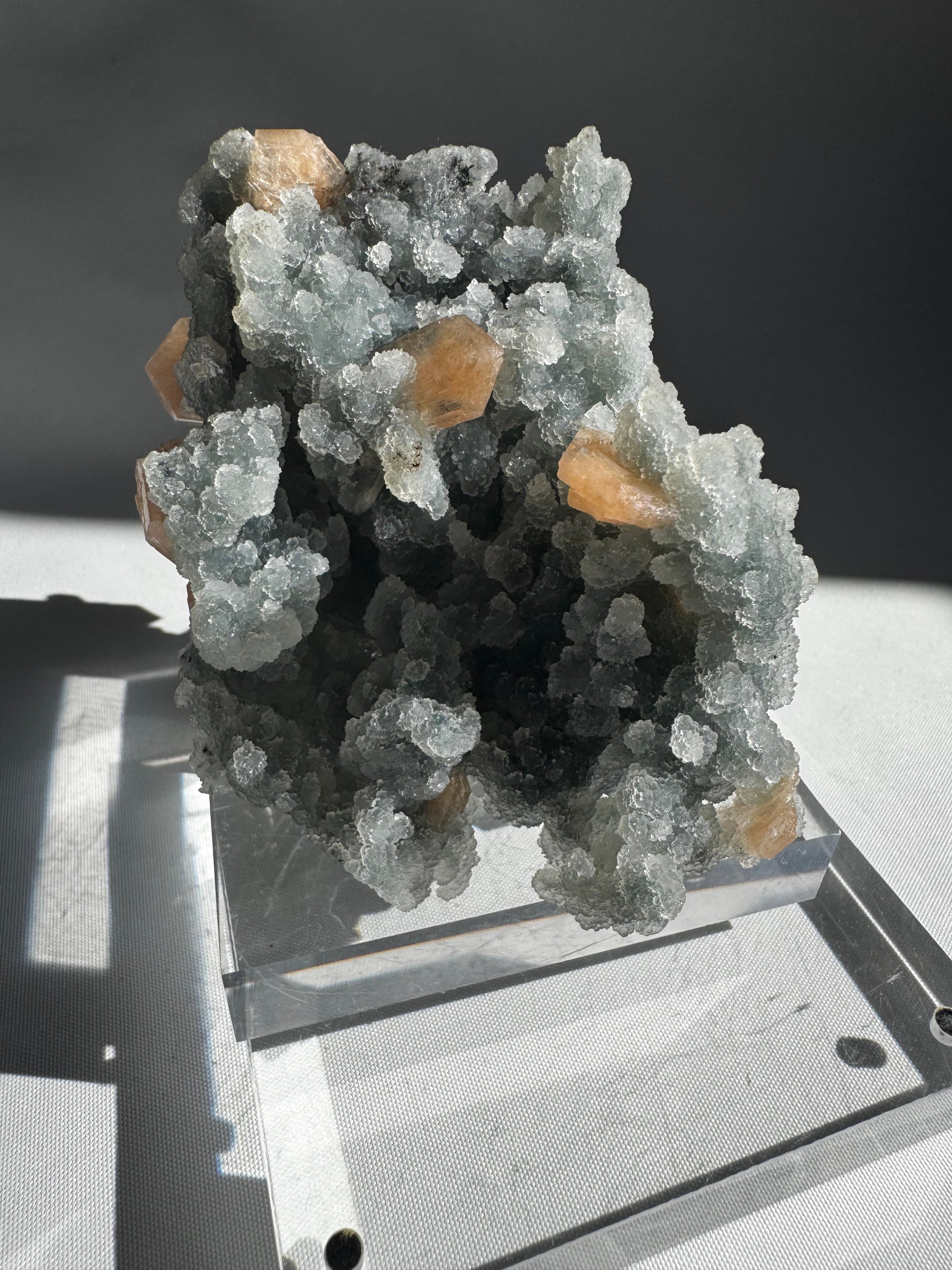 Blue Chalcedony with Stilbite Crystal #1 showing clustered orange Stilbite crystals embedded in shimmering pale Chalcedony matrix, ideal for collectors.