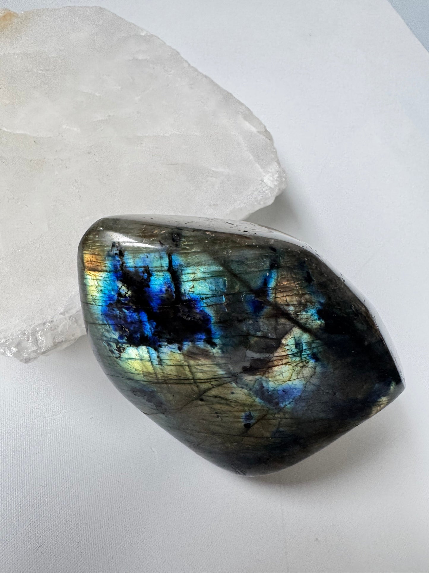 Polished Labradorite Freeform #A09 Bespoke Crystals featuring iridescent blue and green hues, perfect for transformation and protection rituals.