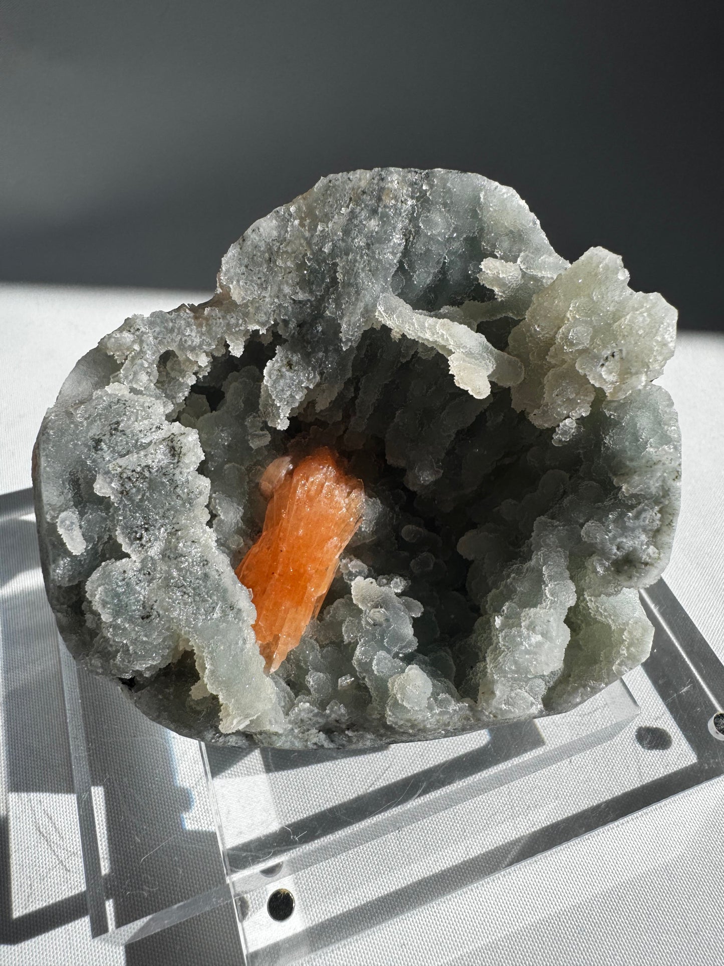 Chalcedony with Stilbite Crystal #2 featuring orange Stilbite nestled in white Chalcedony, ideal for crystal collectors and Lovers