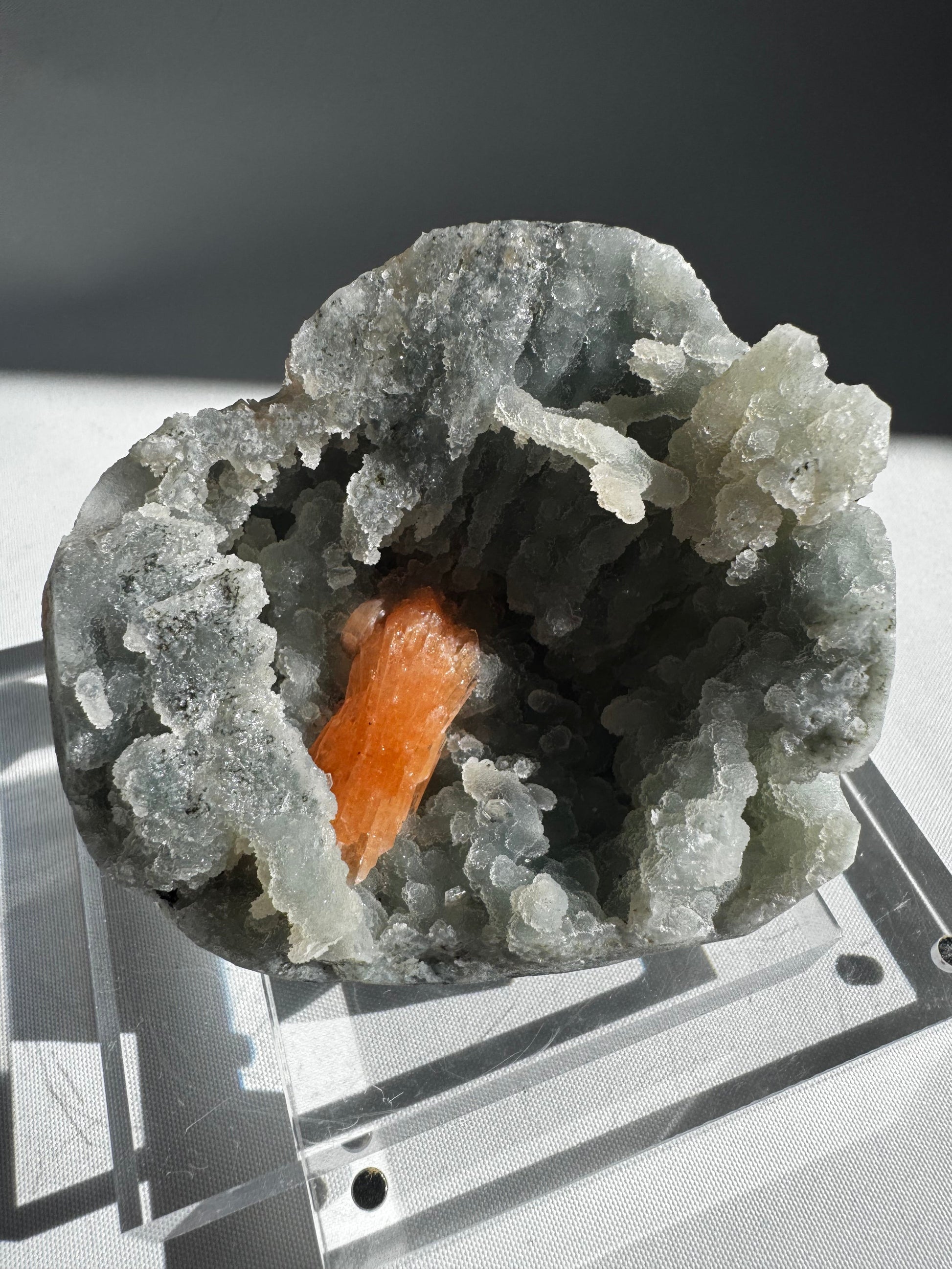 Chalcedony with Stilbite Crystal #2 featuring orange Stilbite nestled in white Chalcedony, ideal for crystal collectors and Lovers