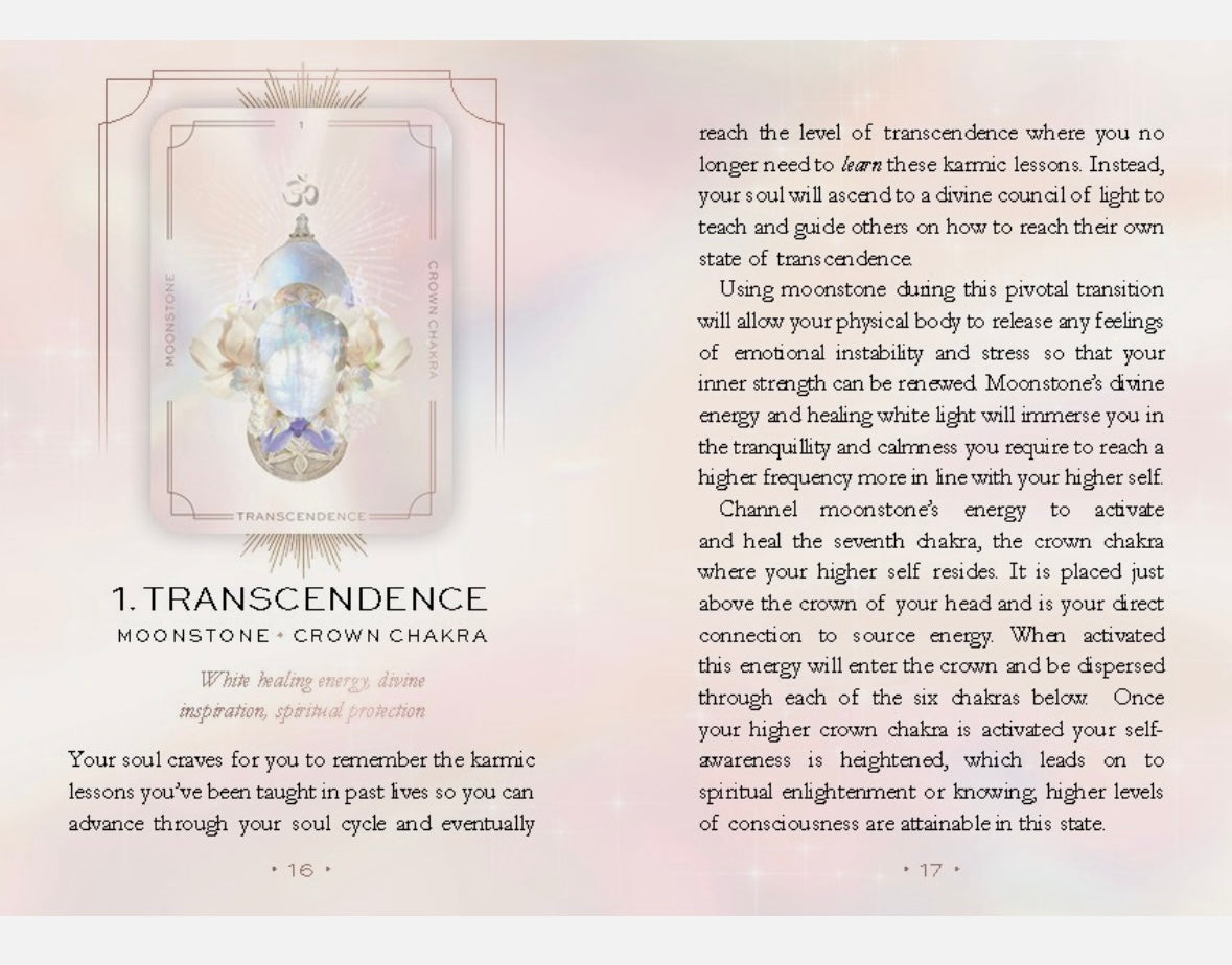 Transcendence card page from Astral Realms Crystal Oracle guidebook, detailing Moonstone and Crown Chakra meanings and spiritual activation tips.