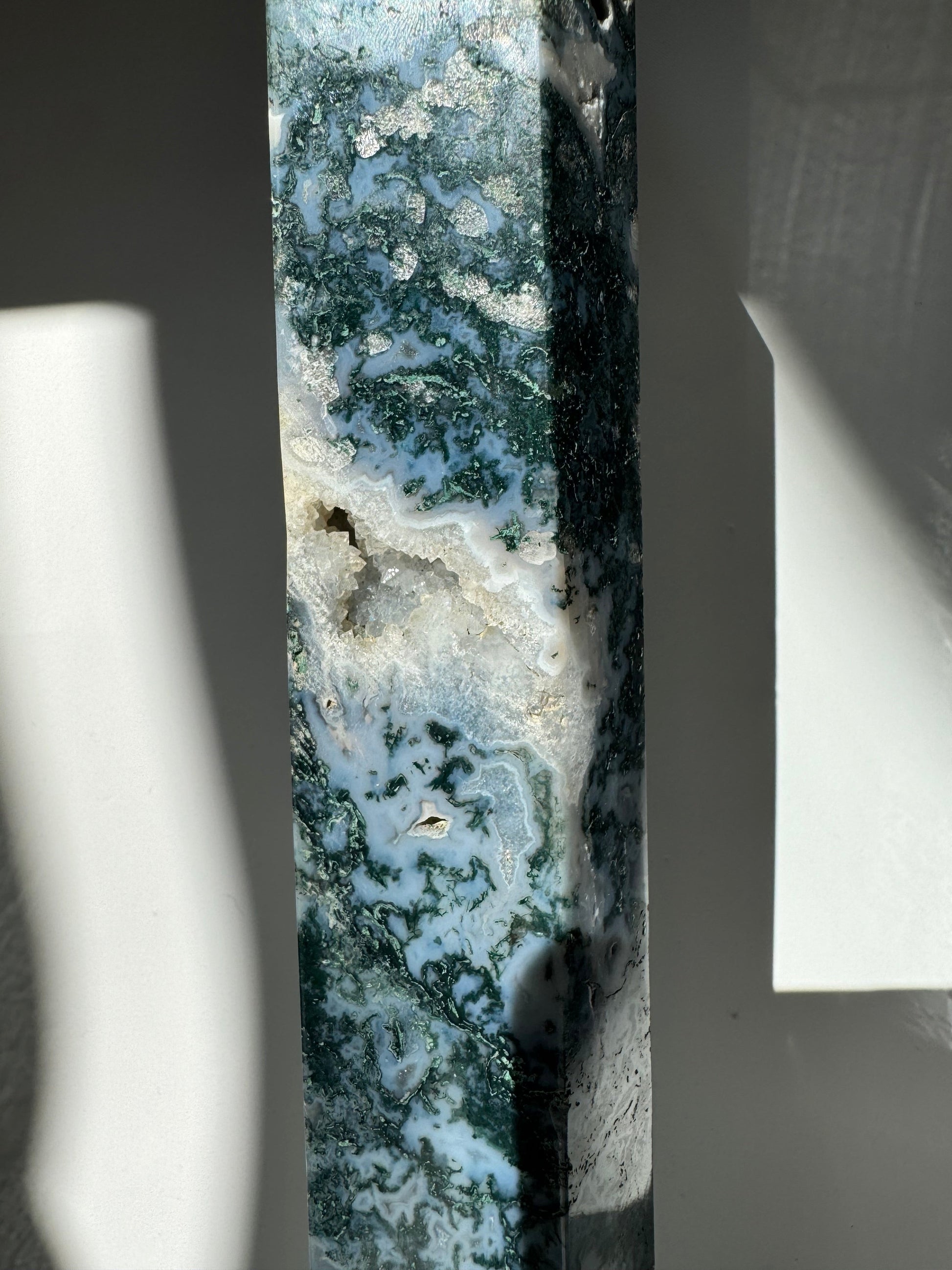 Close-up of Large Moss Agate Crystal Tower revealing intricate druzy textures and rich green mineral formations for collectible display | Bespoke Crystals NZ