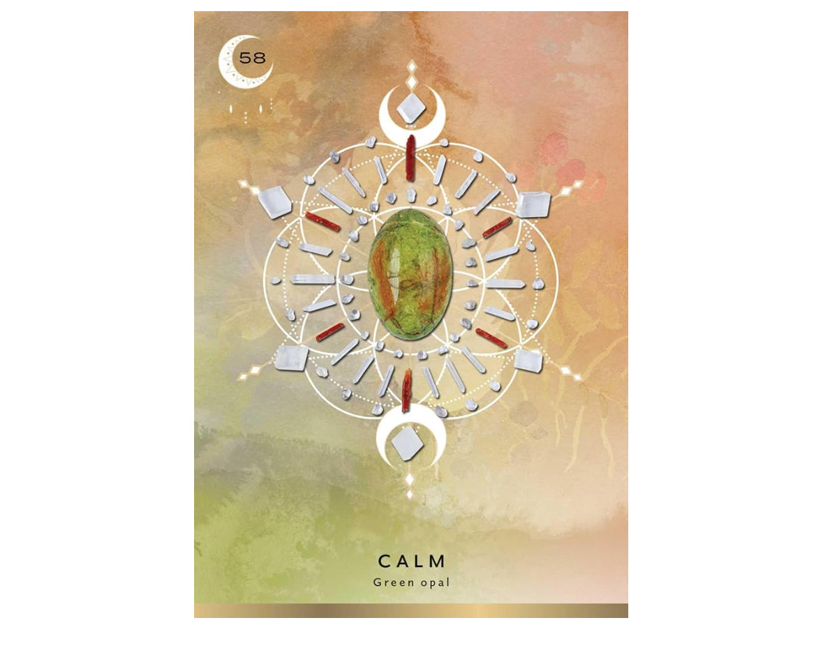 Crystal GRID Oracle Deluxe Edition card titled 'Calm' showcasing Green Opal crystal in a circular orange and green mandala-style grid.
