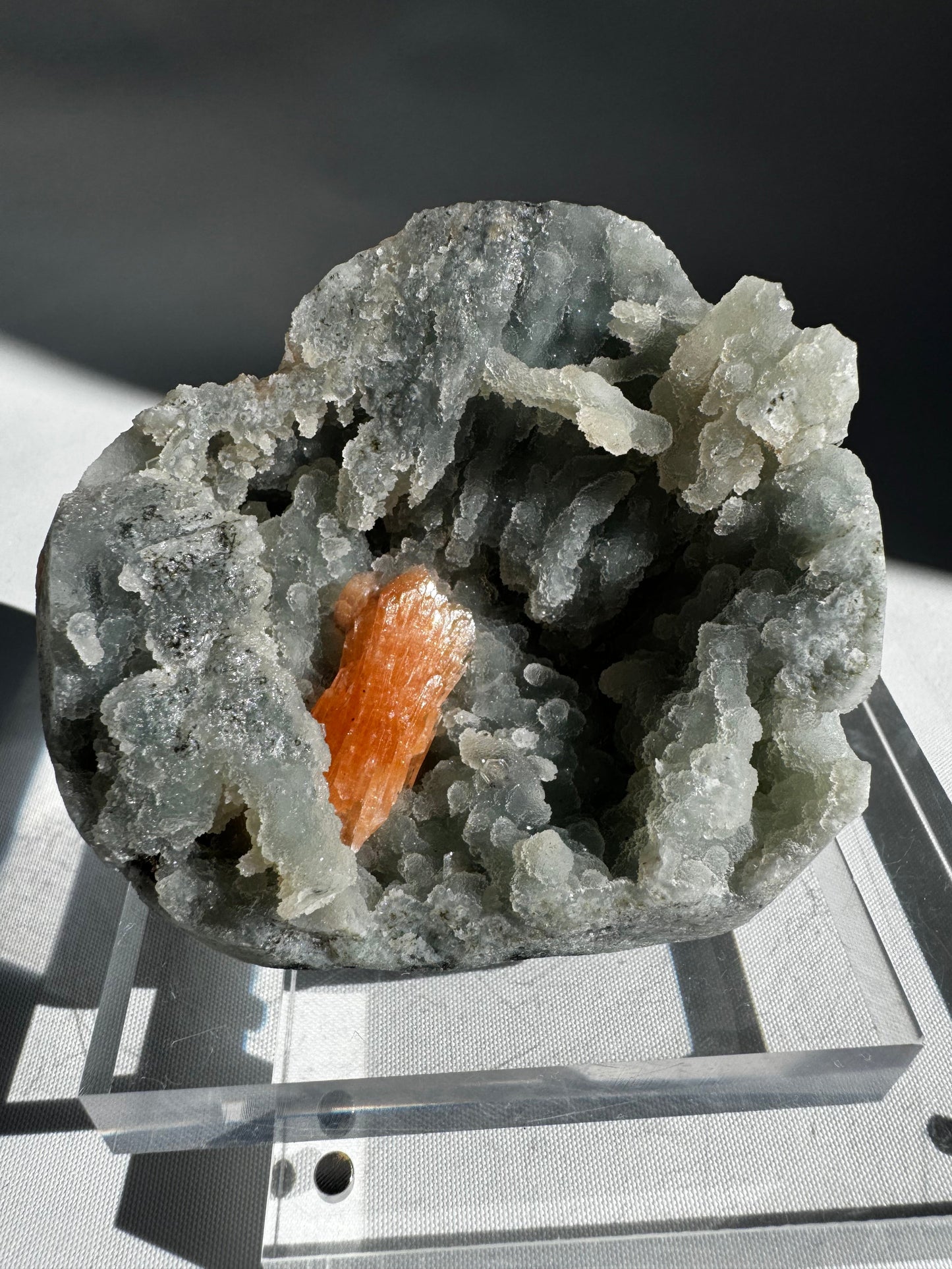 Chalcedony with Stilbite Crystal #2 loose stone with high-vibrational orange Stilbite and calming Chalcedony, perfect for crystal decor.