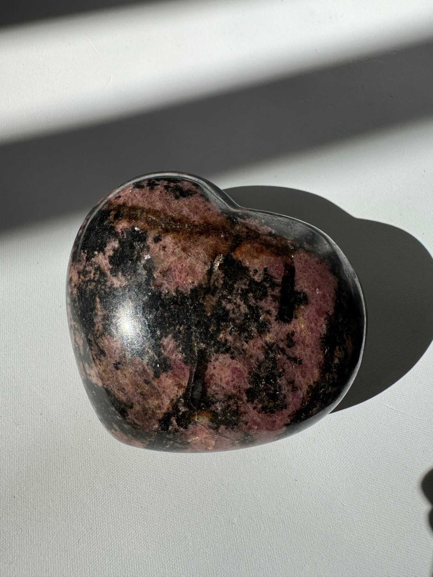 Polished Rhodonite Crystal Heart - Love | Healing | Bespoke Crystals | Deep pink and black veining, perfect for spiritual balance and grounding energy.