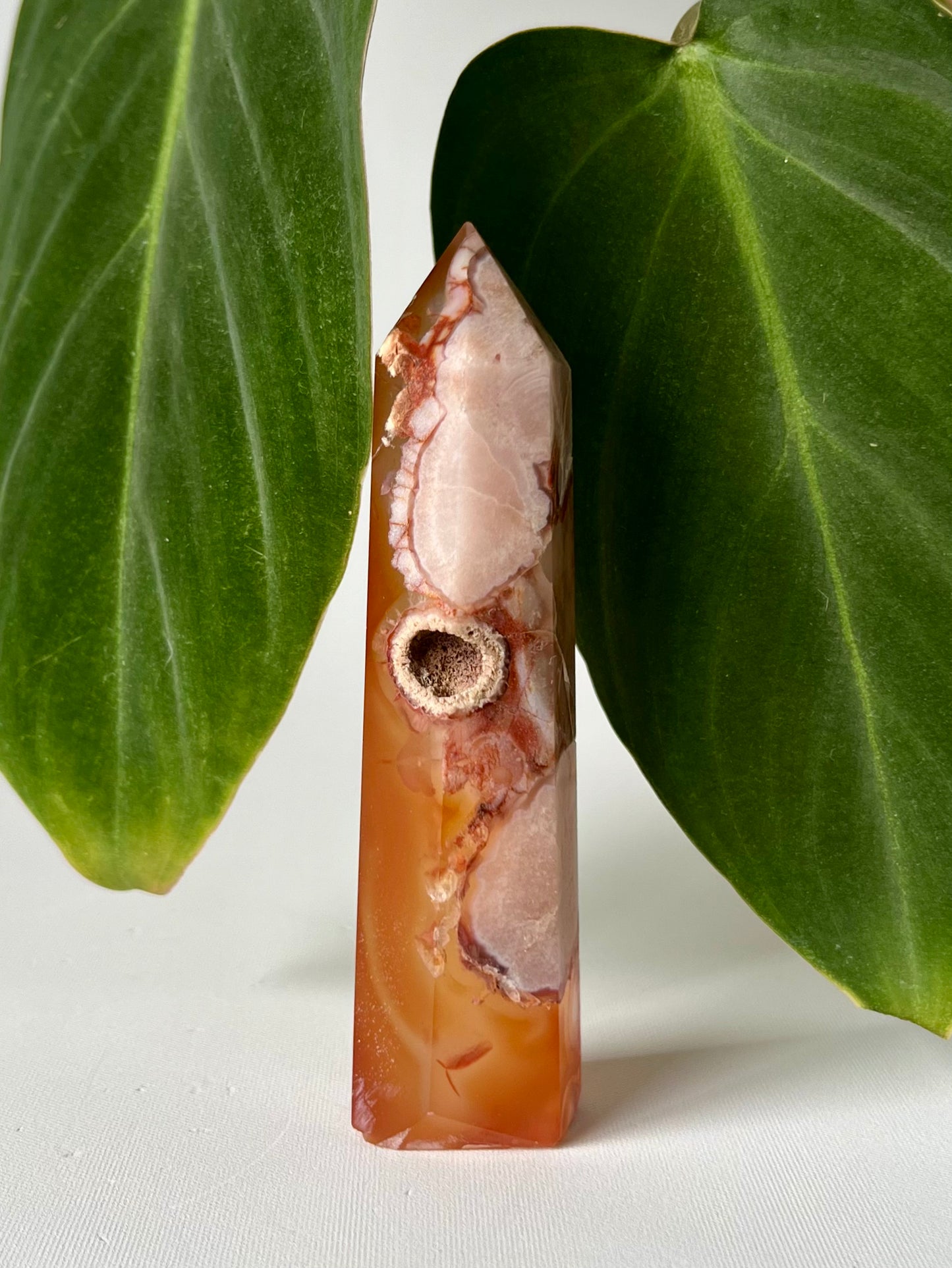 Polished Flower Agate with Carnelian Point #6 | Bespoke Crystals NZ crystal tower with natural geode cavity, perfect for meditation and spiritual growth.