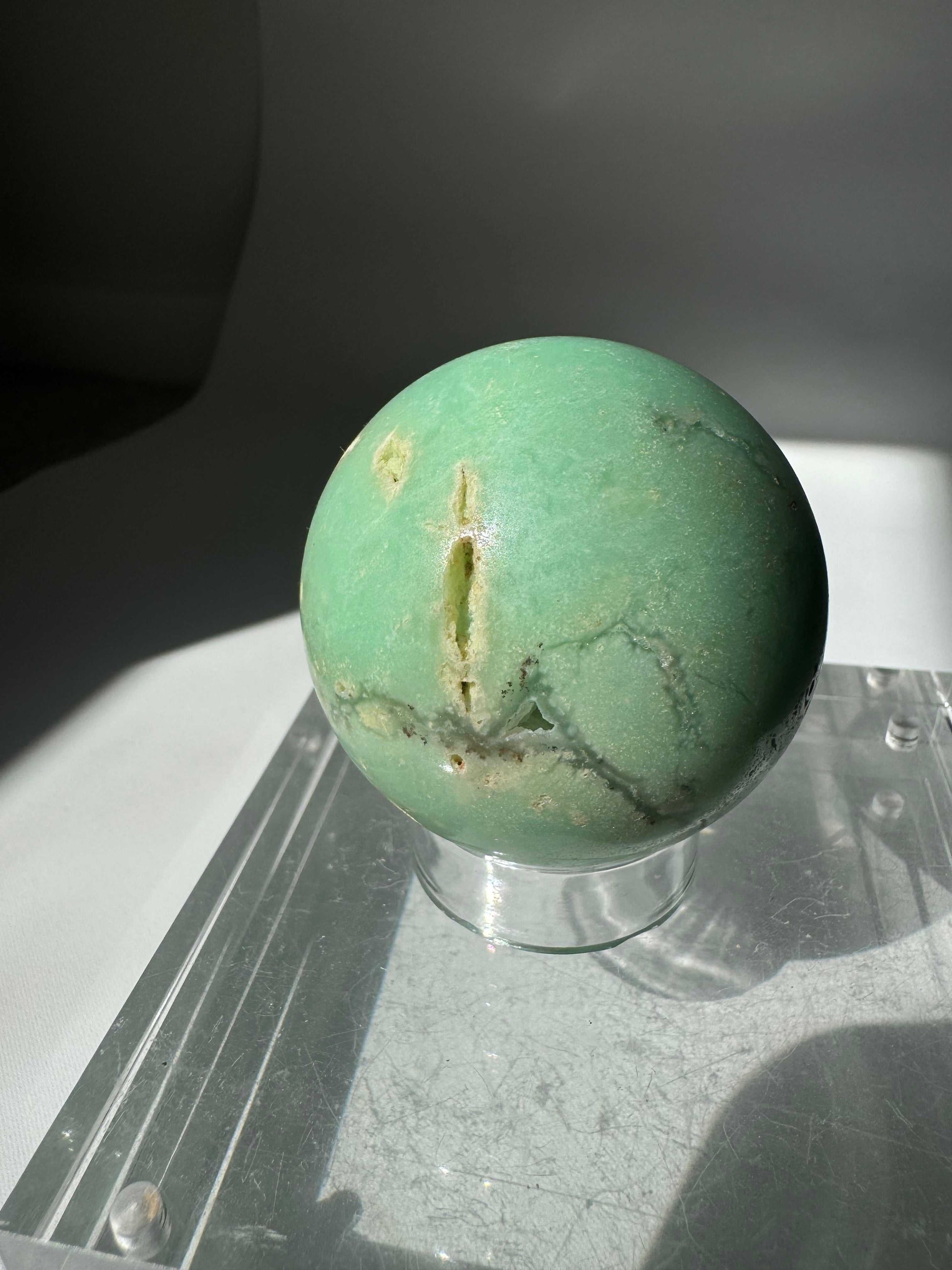 Chrysoprase Crystal Sphere | Bespoke Crystals showcasing unique surface textures and earthy green tones, perfect for display or meditation use.