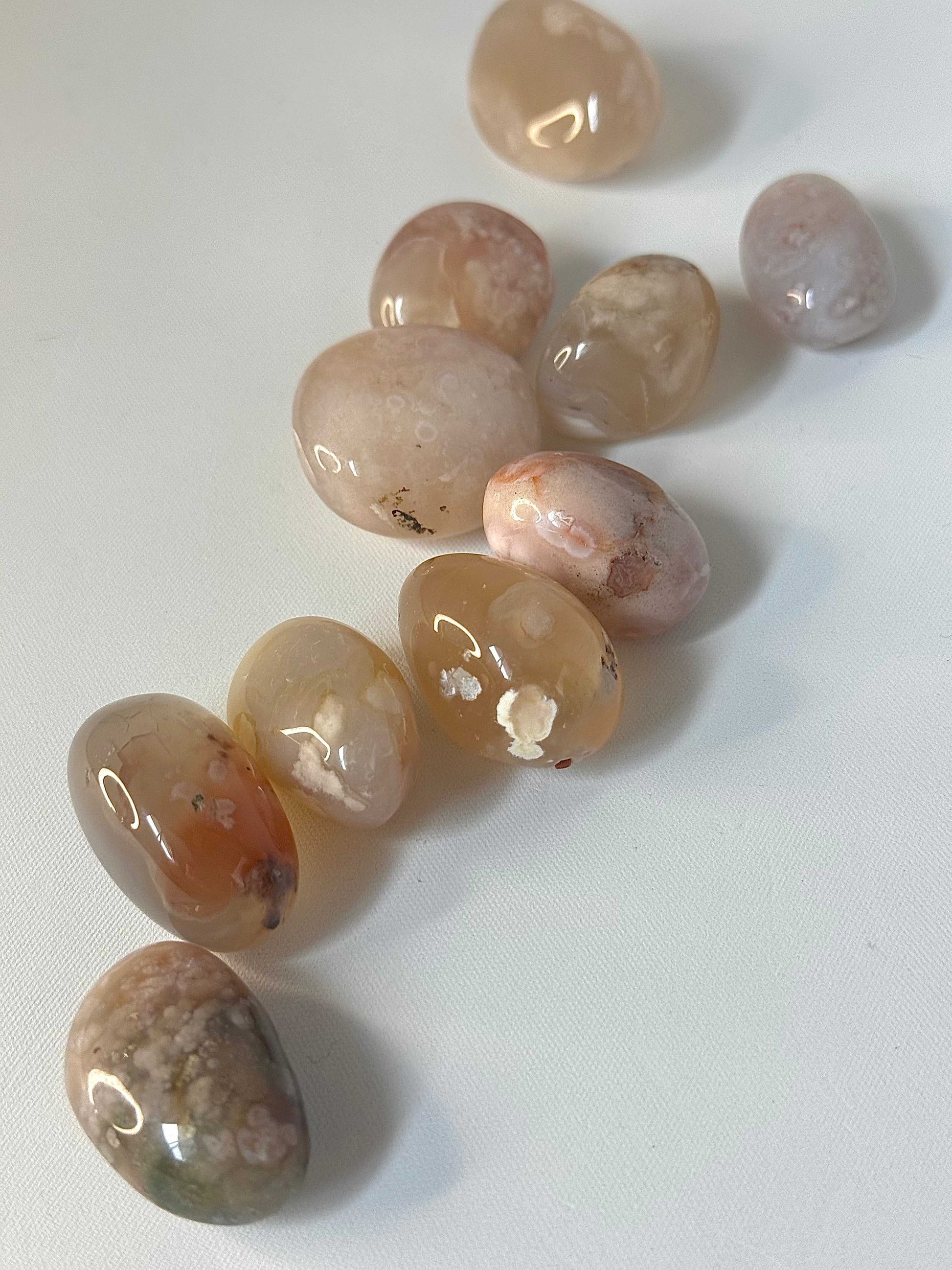 Healing Flower Agate tumble stones for heart chakra and personal growth. Shop bespoke crystals online for transformation and emotional healing.
