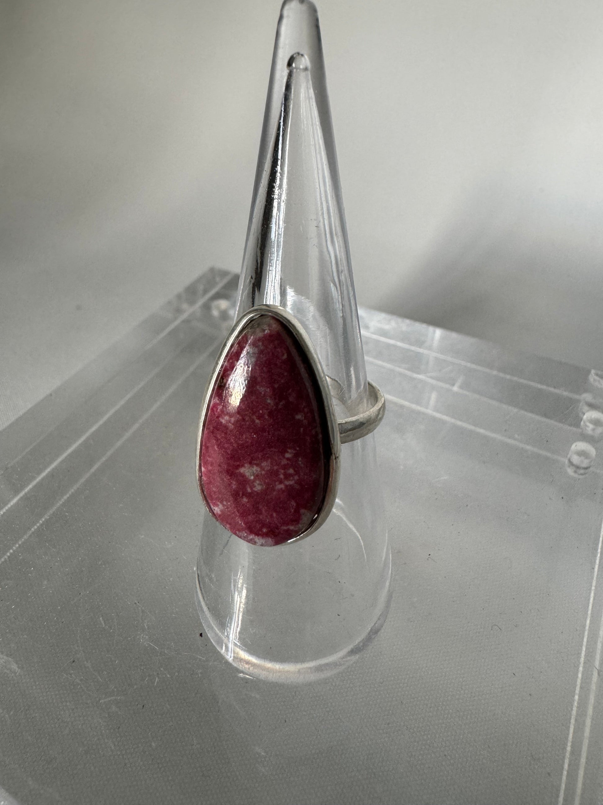 Elegant Thulite Crystal Ring | Bespoke Crystals with a polished pink gemstone in a minimalist silver setting, ideal for crystal jewelry lovers.