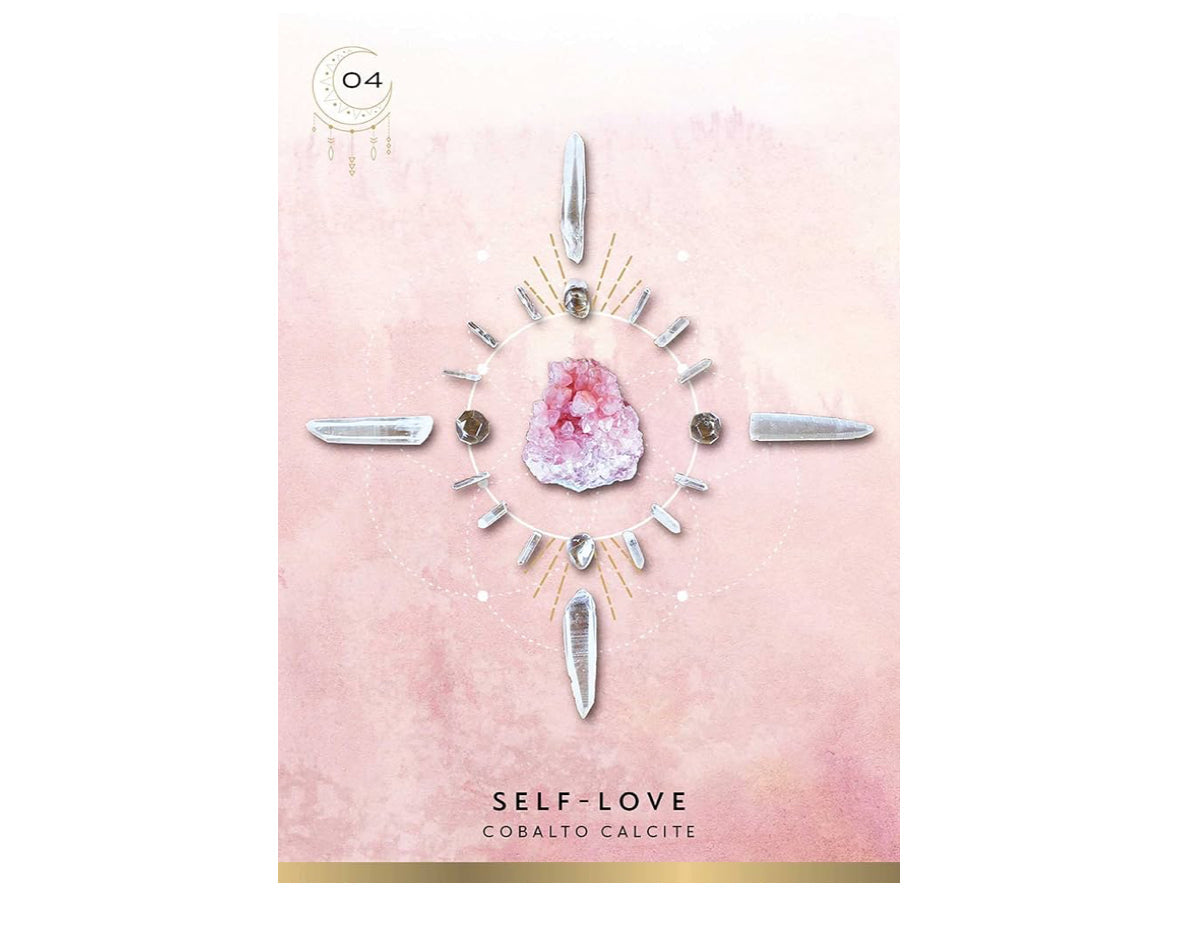 Crystal GRID Oracle Deluxe Edition card titled 'Self-Love' featuring Cobalto Calcite crystal in a symmetrical pink-toned grid design.