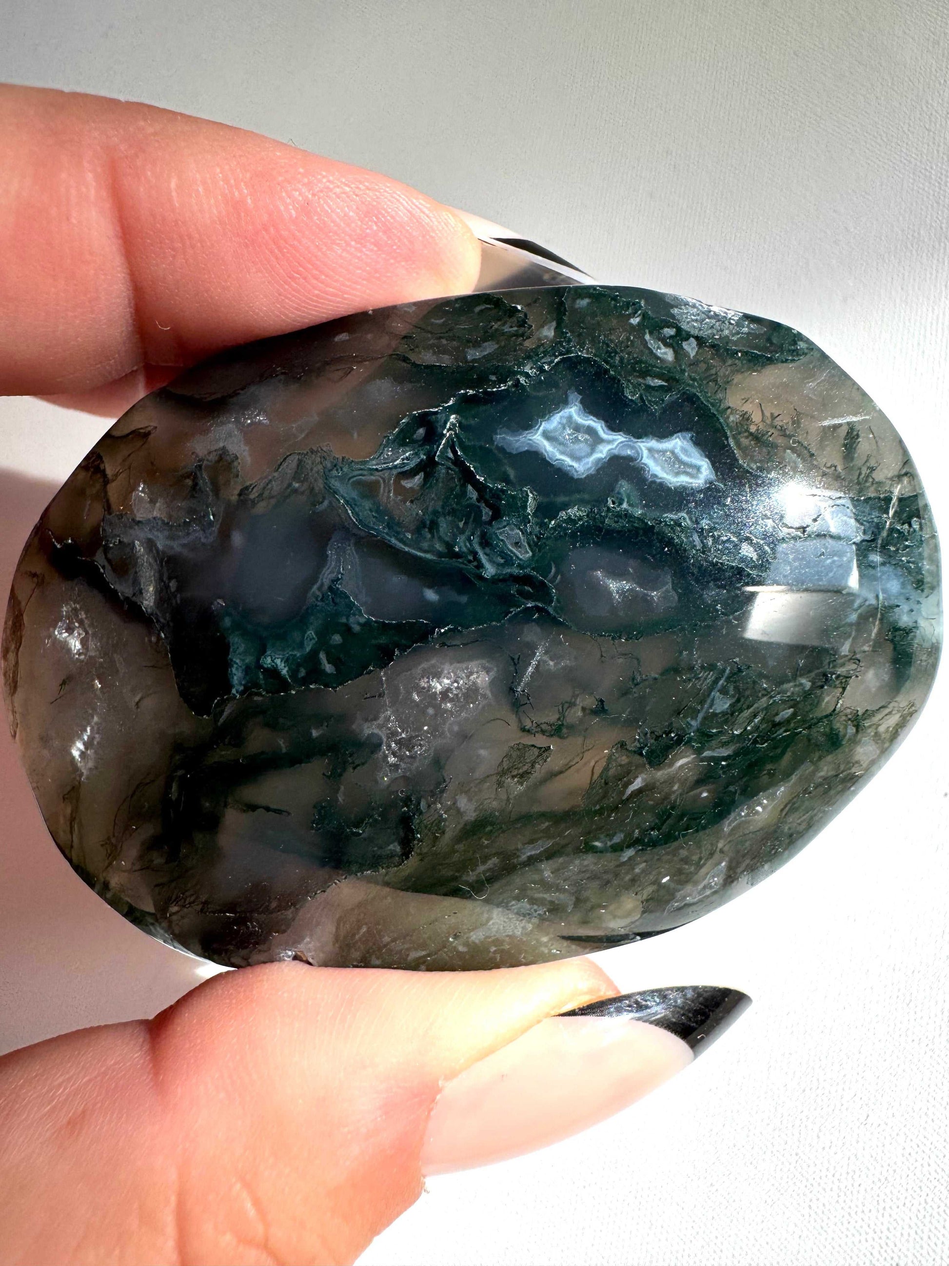 Moss Agate Crystal Palm Stone | Bespoke Crystals