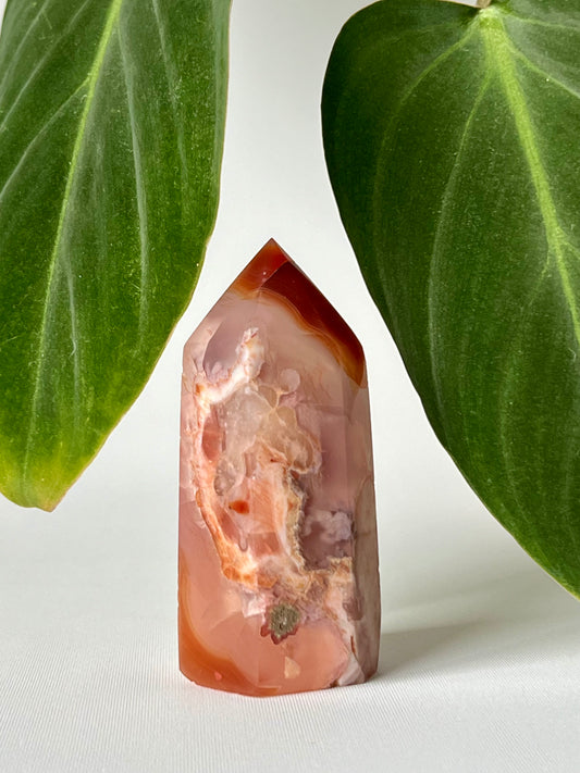 Flower Agate Carnelian Point - Healing & Creativity crystal tower featuring soft pink and orange hues, ideal for chakra balancing and emotional healing.