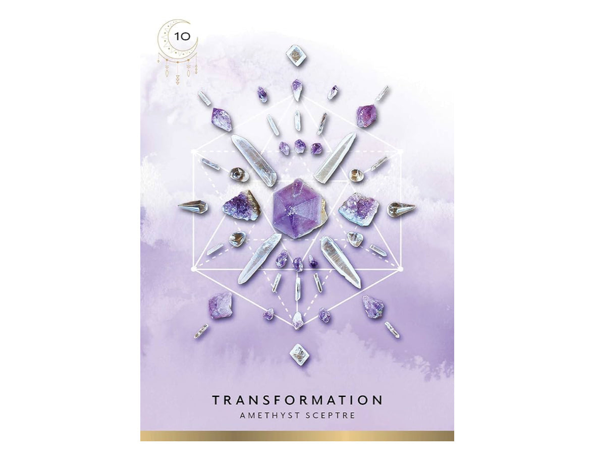 Crystal GRID Oracle Deluxe Edition card titled 'Transformation' with Amethyst Sceptre crystal in a geometric purple grid layout.