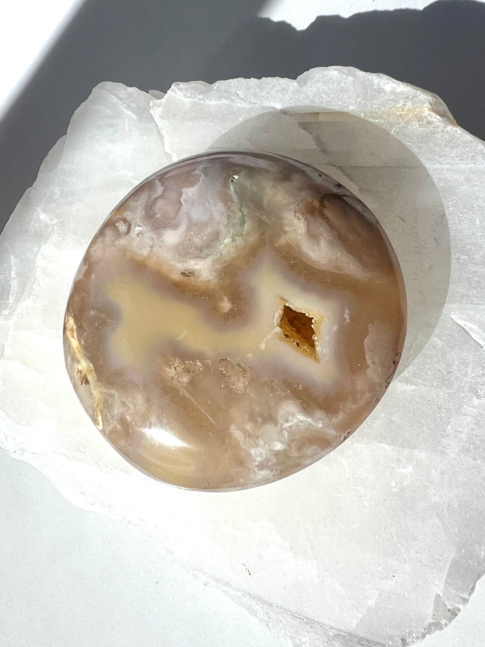 Smooth Flower Agate Palm Stone featuring natural earthy tones and a unique druzy cavity, perfect for collectors and crystal enthusiasts at Bespoke Crystals Online Crystal Shop Auckland