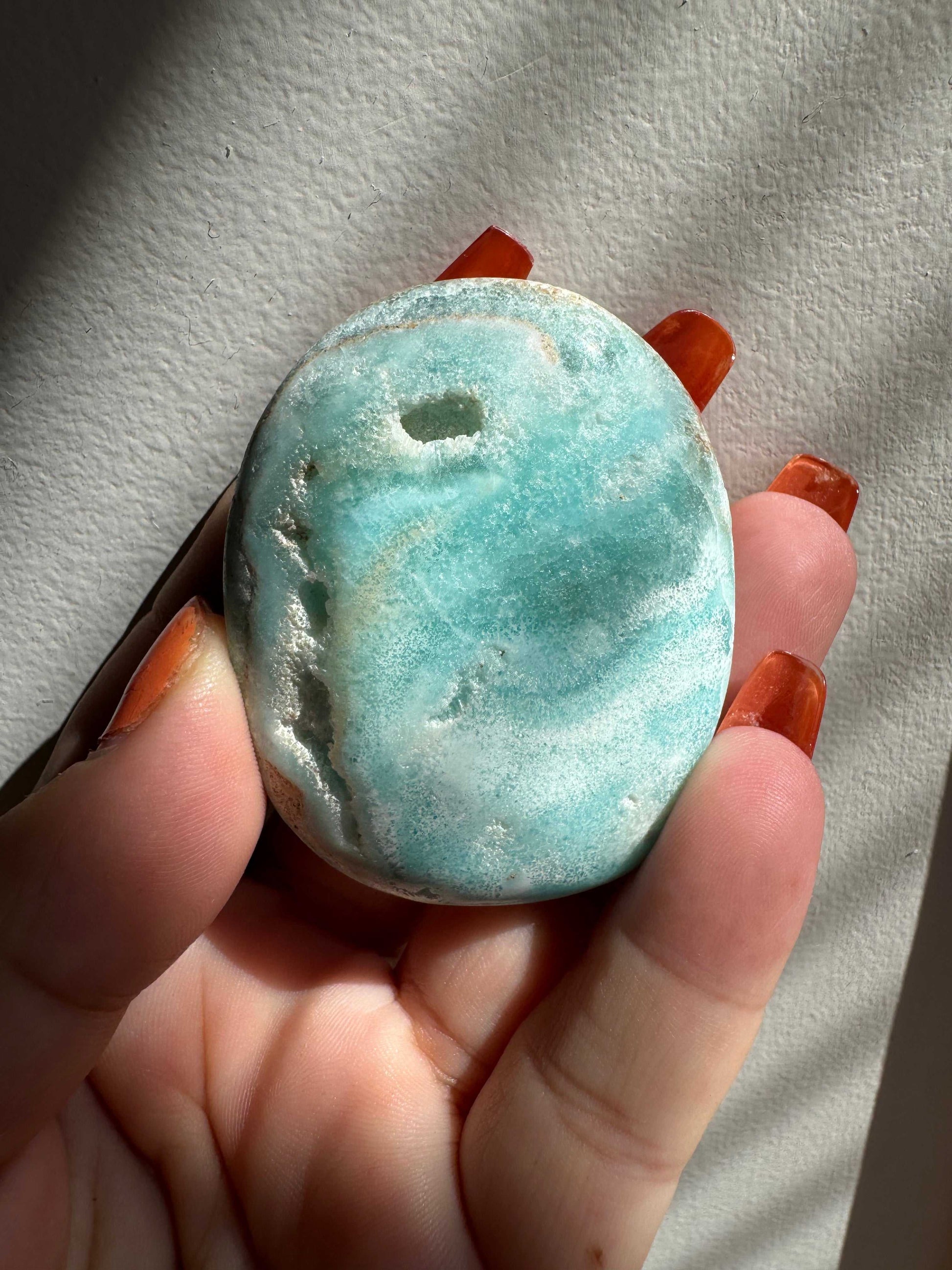 Blue Aragonite Crystal Palm Stone with soothing sea-blue tones | Bespoke Crystals