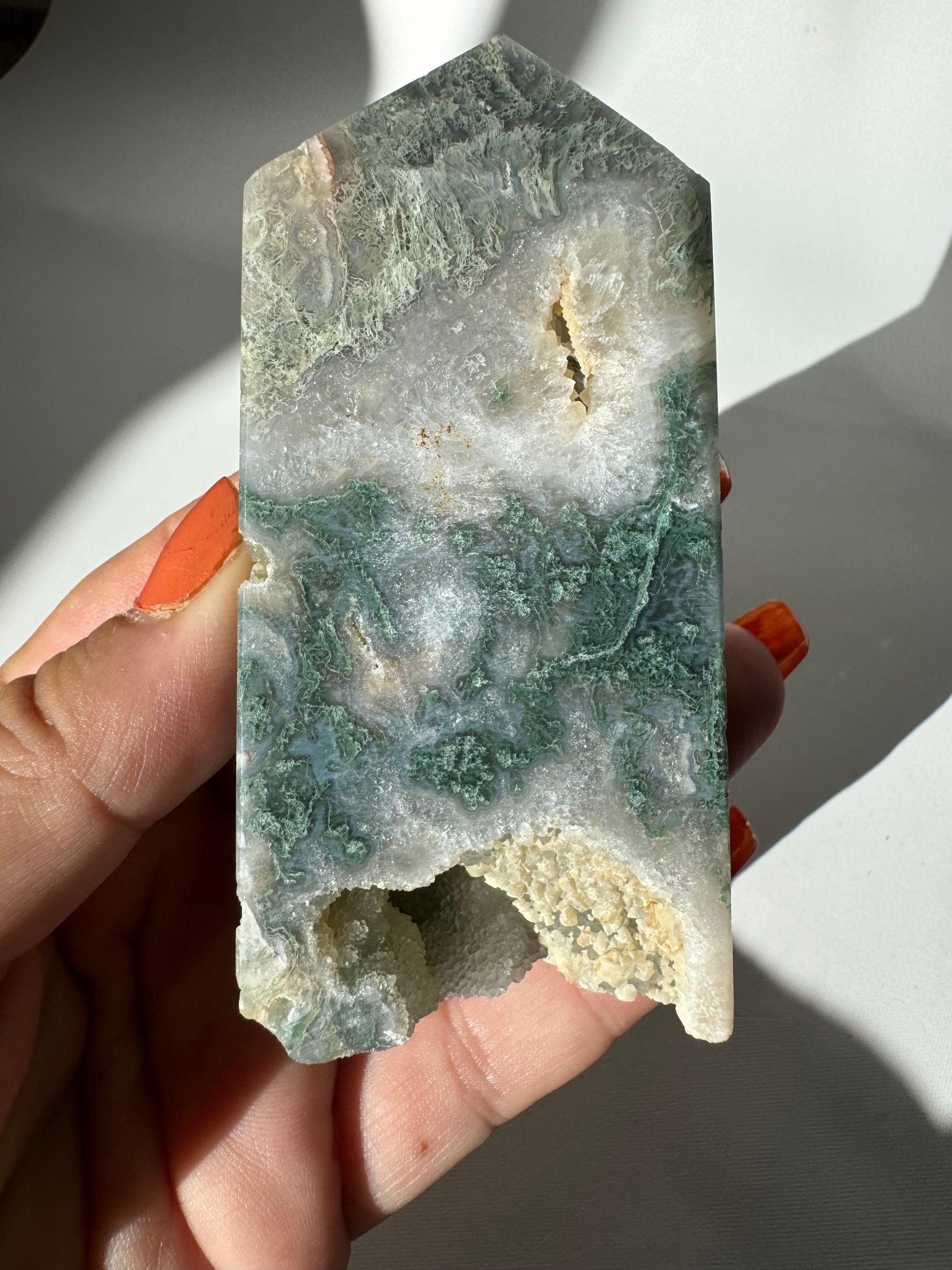 Moss Agate Crystal Druze Tower #3 with green mineral patterns and sparkling druzy cavities, ideal for crystal collectors and home decor.